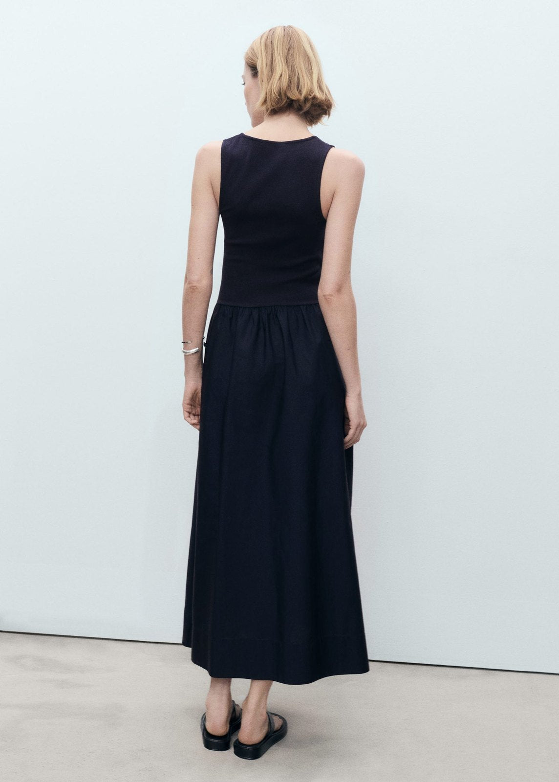 Mango Flared dress in combined fabric - Navy 2 Shaws Department Stores
