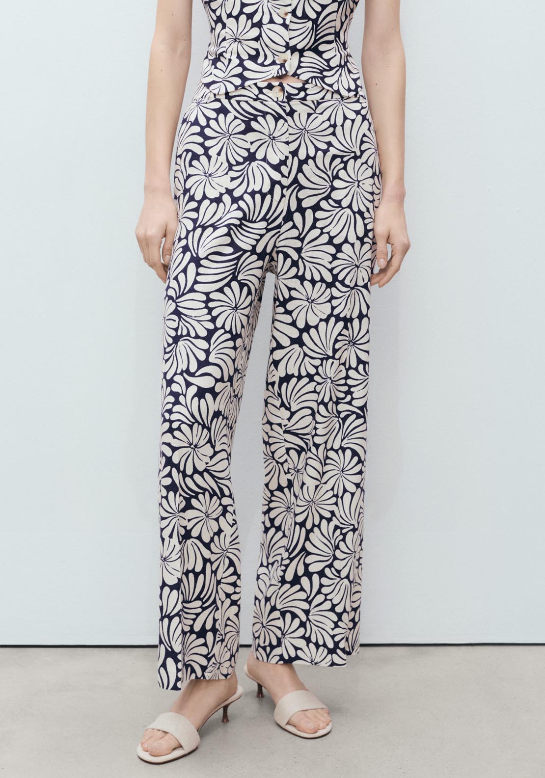 Mango Floral Linen Trousers - Light Beige 1 Shaws Department Stores
