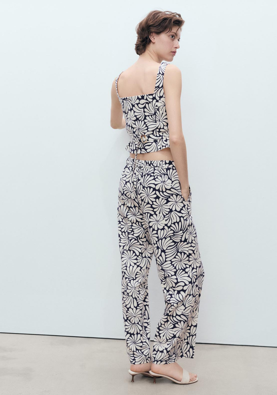 Mango Floral Linen Trousers - Light Beige 2 Shaws Department Stores