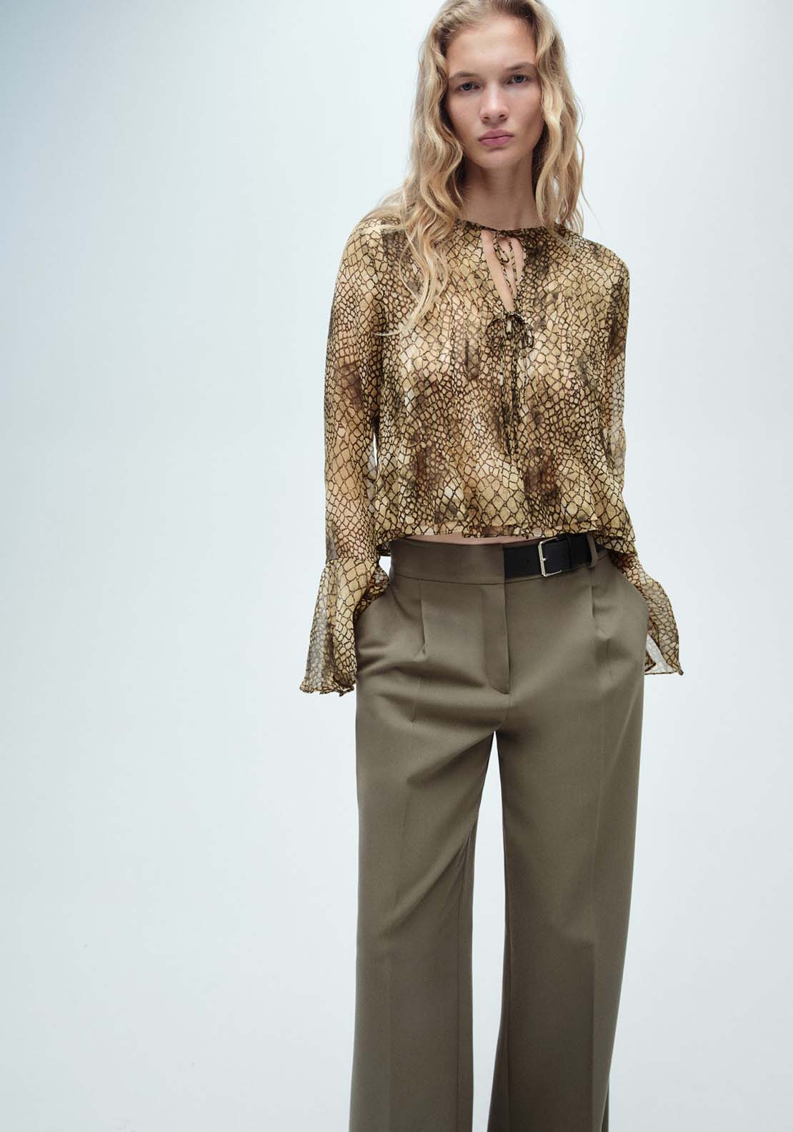 Mango Puffed-sleeve printed shirt - Brown 1 Shaws Department Stores