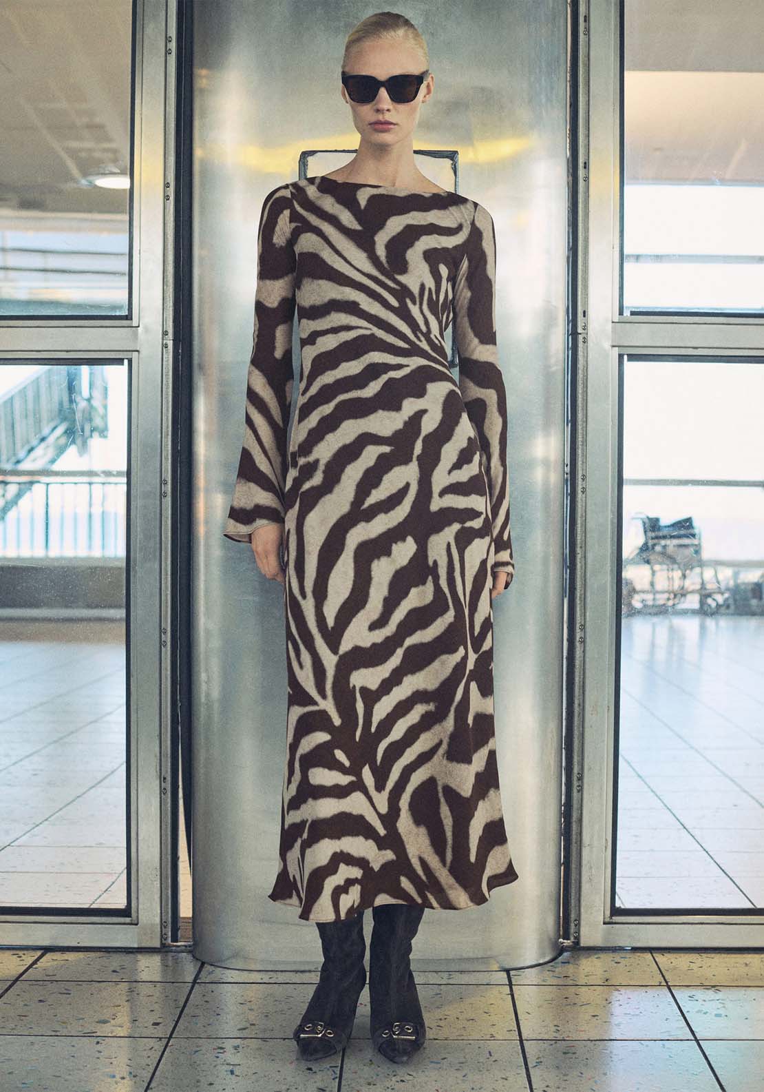 Mango Zebra flared dress - Brown 1 Shaws Department Stores