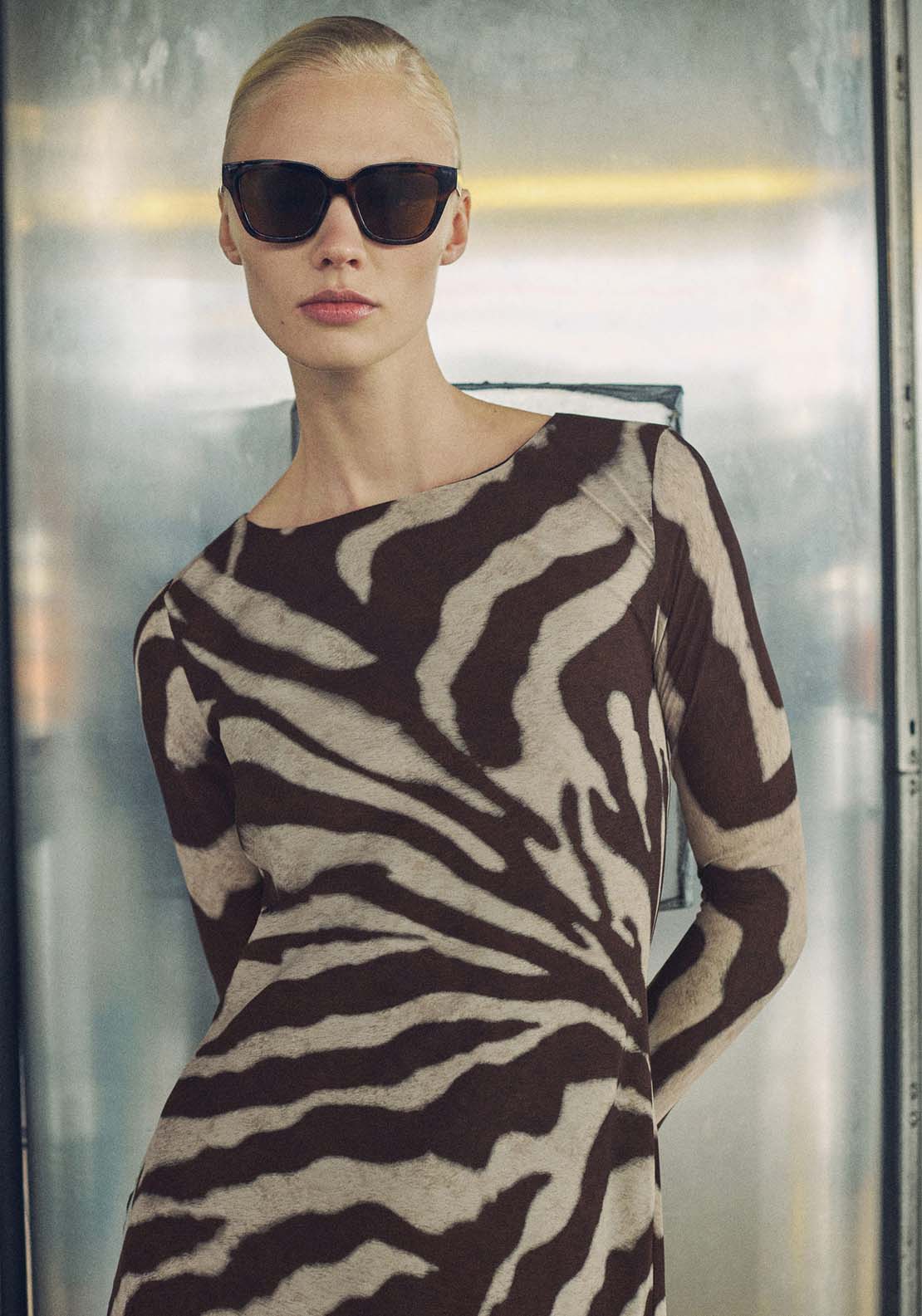 Mango Zebra flared dress - Brown 4 Shaws Department Stores