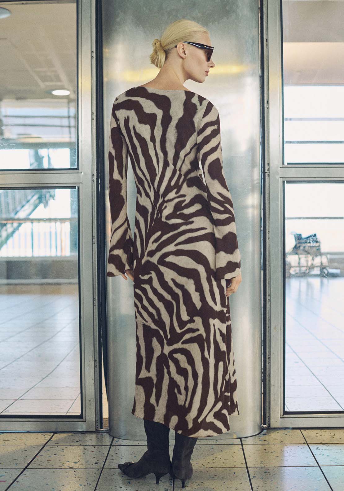 Mango Zebra flared dress - Brown 3 Shaws Department Stores