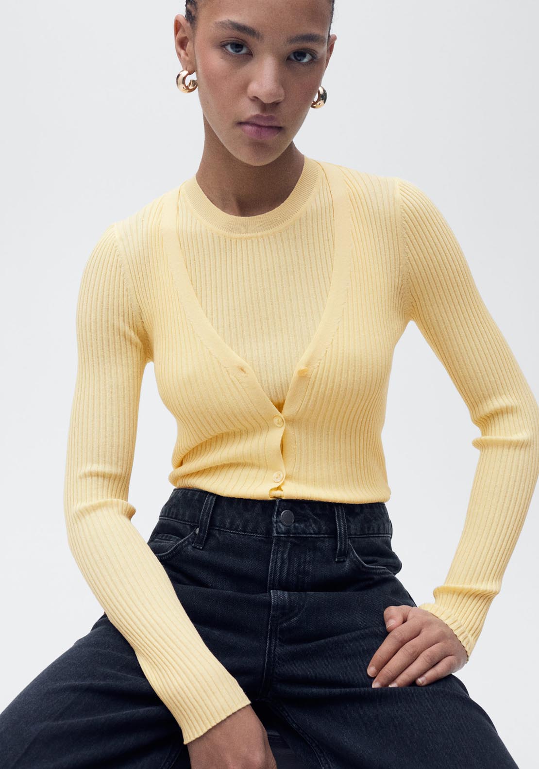 Mango V Neck Ribbed Knitted Cardigan - Light/pastel Yellow 1 Shaws Department Stores