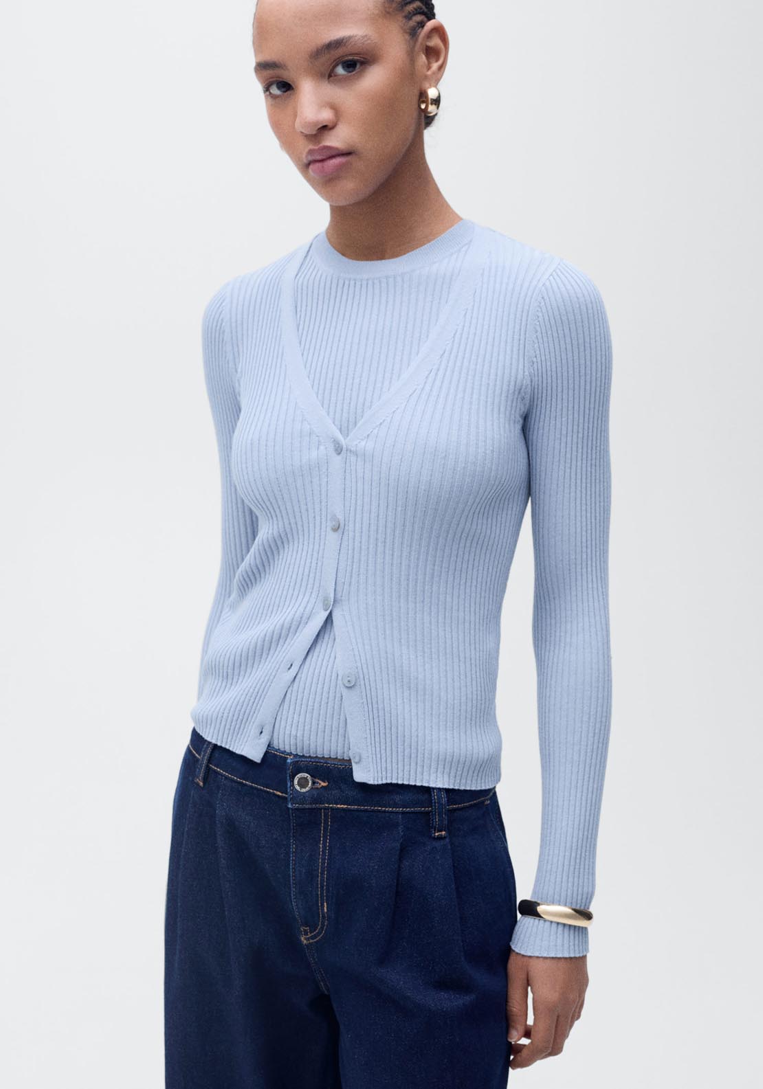 Mango V Neck Ribbed Knitted Cardigan - Light/pastel Blue 1 Shaws Department Stores