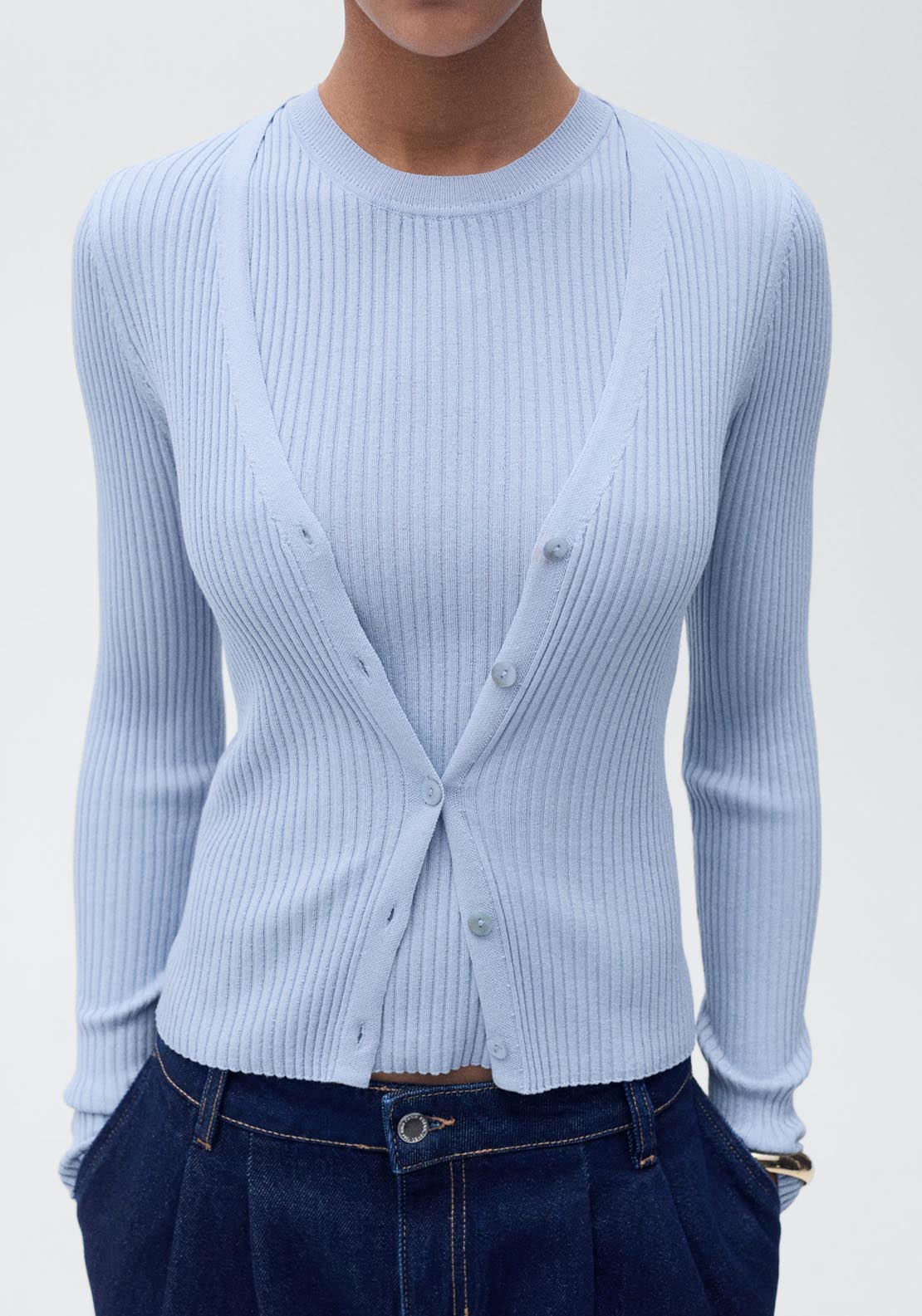 Mango V Neck Ribbed Knitted Cardigan - Light/pastel Blue 4 Shaws Department Stores