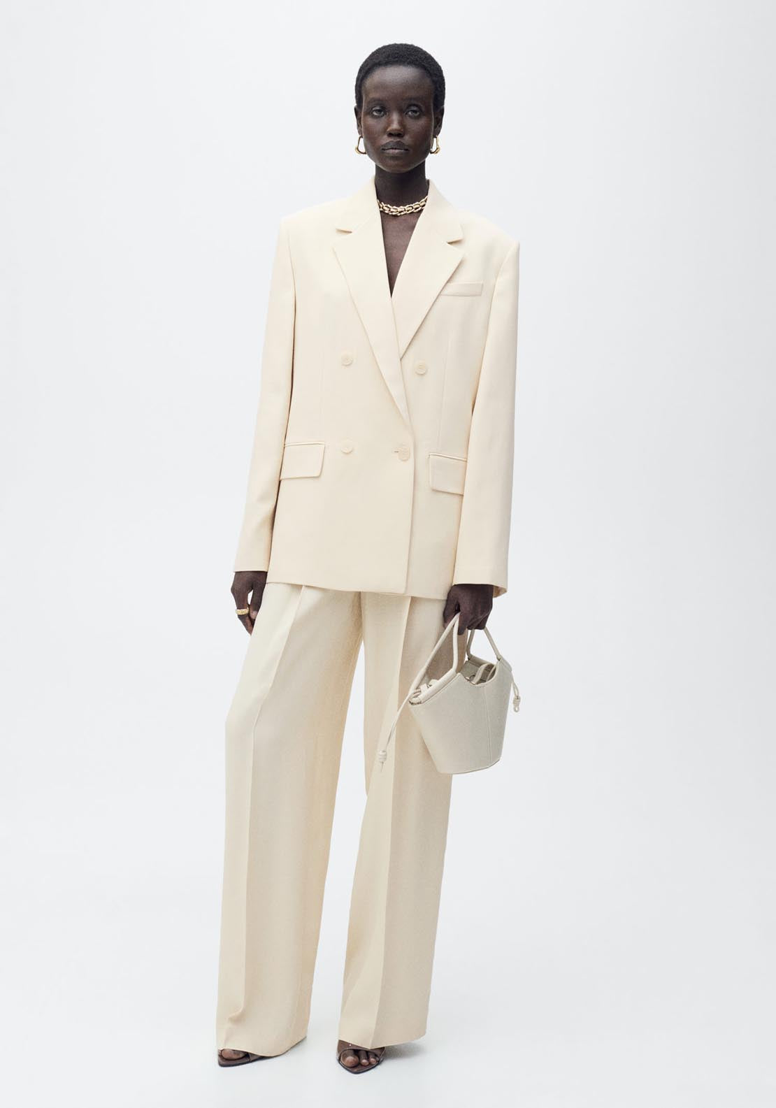 Mango Double-Breasted Suit Jacket - Light/pastel Yellow 1 Shaws Department Stores