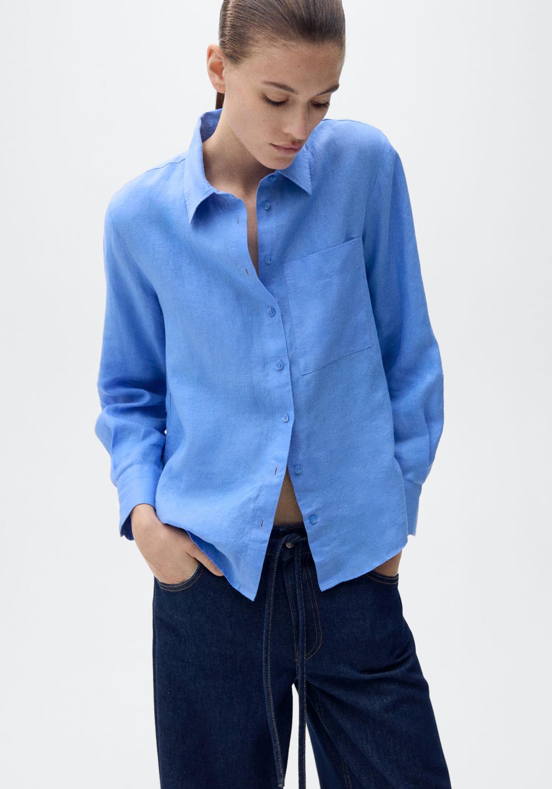 Mango Pocket Linen Shirt - Medium Blue 1 Shaws Department Stores