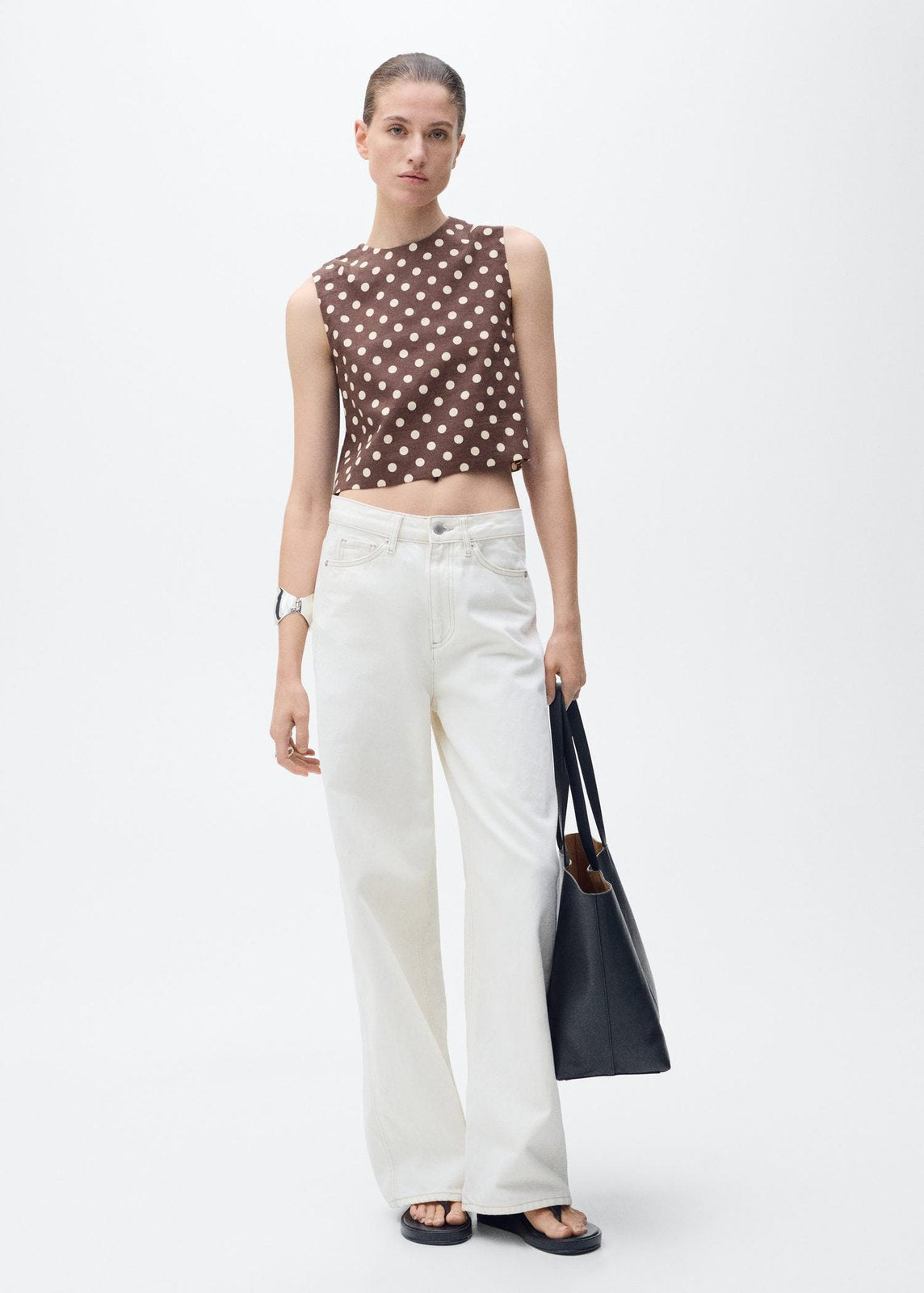 Mango Polka dot linen crop top - Dark Brown 2 Shaws Department Stores