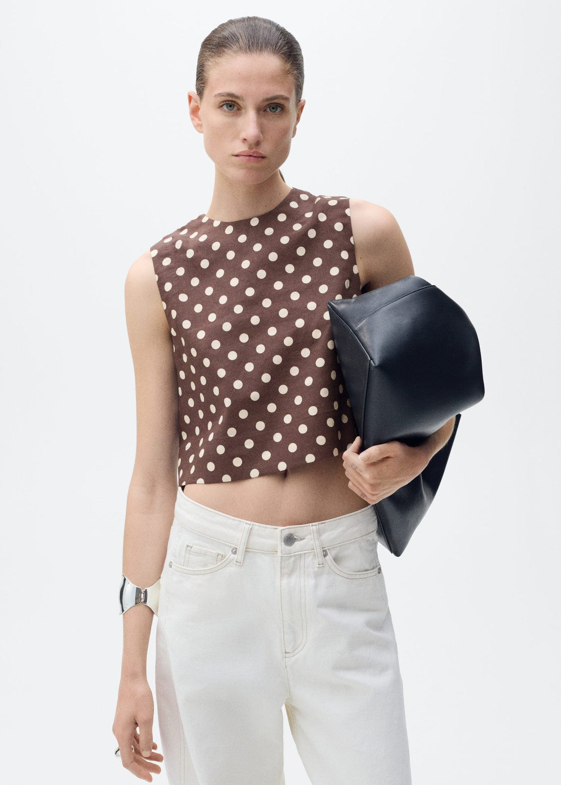 Mango Polka dot linen crop top - Dark Brown 1 Shaws Department Stores