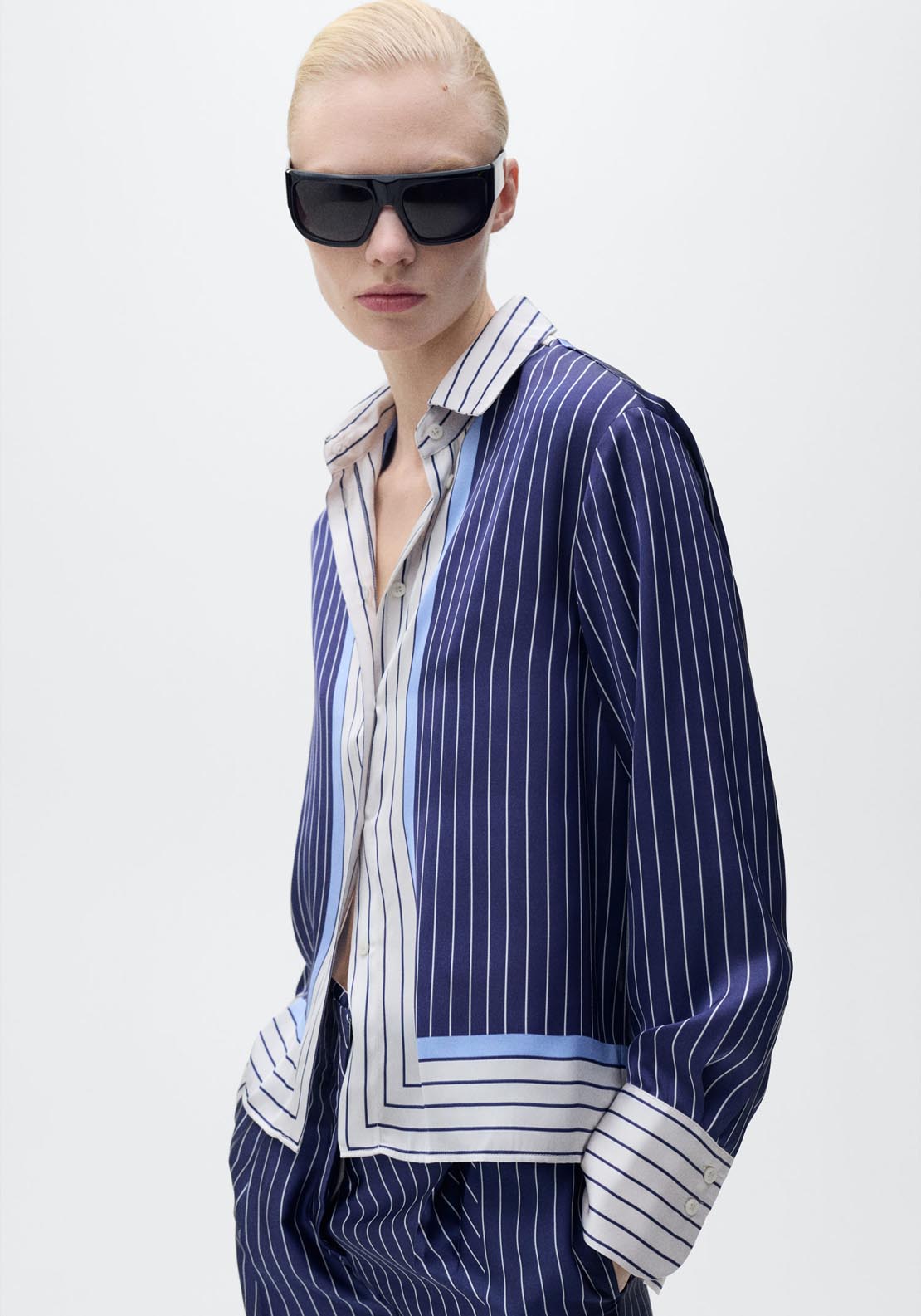 Mango Satin Shirt With Combined Stripes - Medium Blue 1 Shaws Department Stores