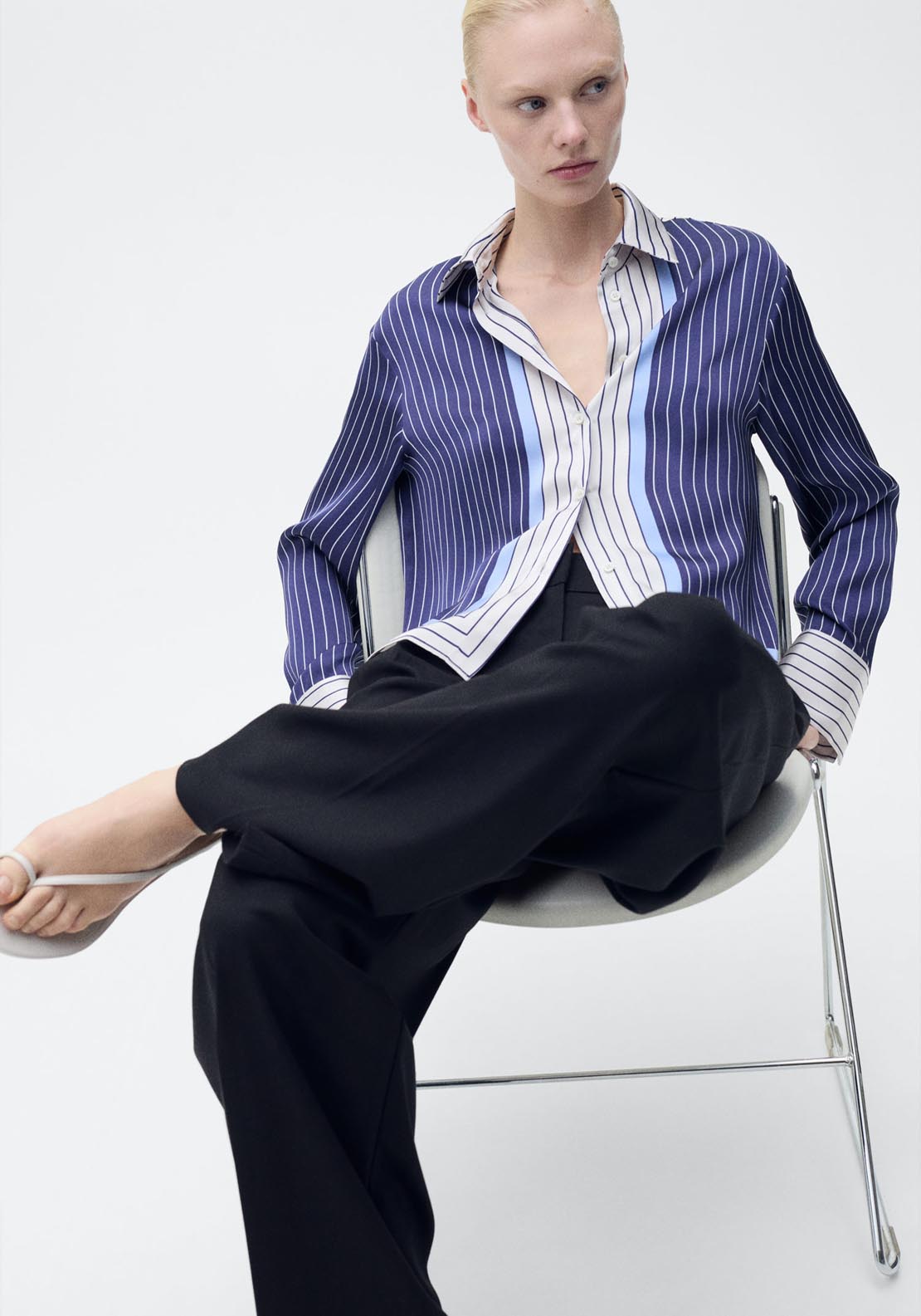 Mango Satin Shirt With Combined Stripes - Medium Blue 6 Shaws Department Stores