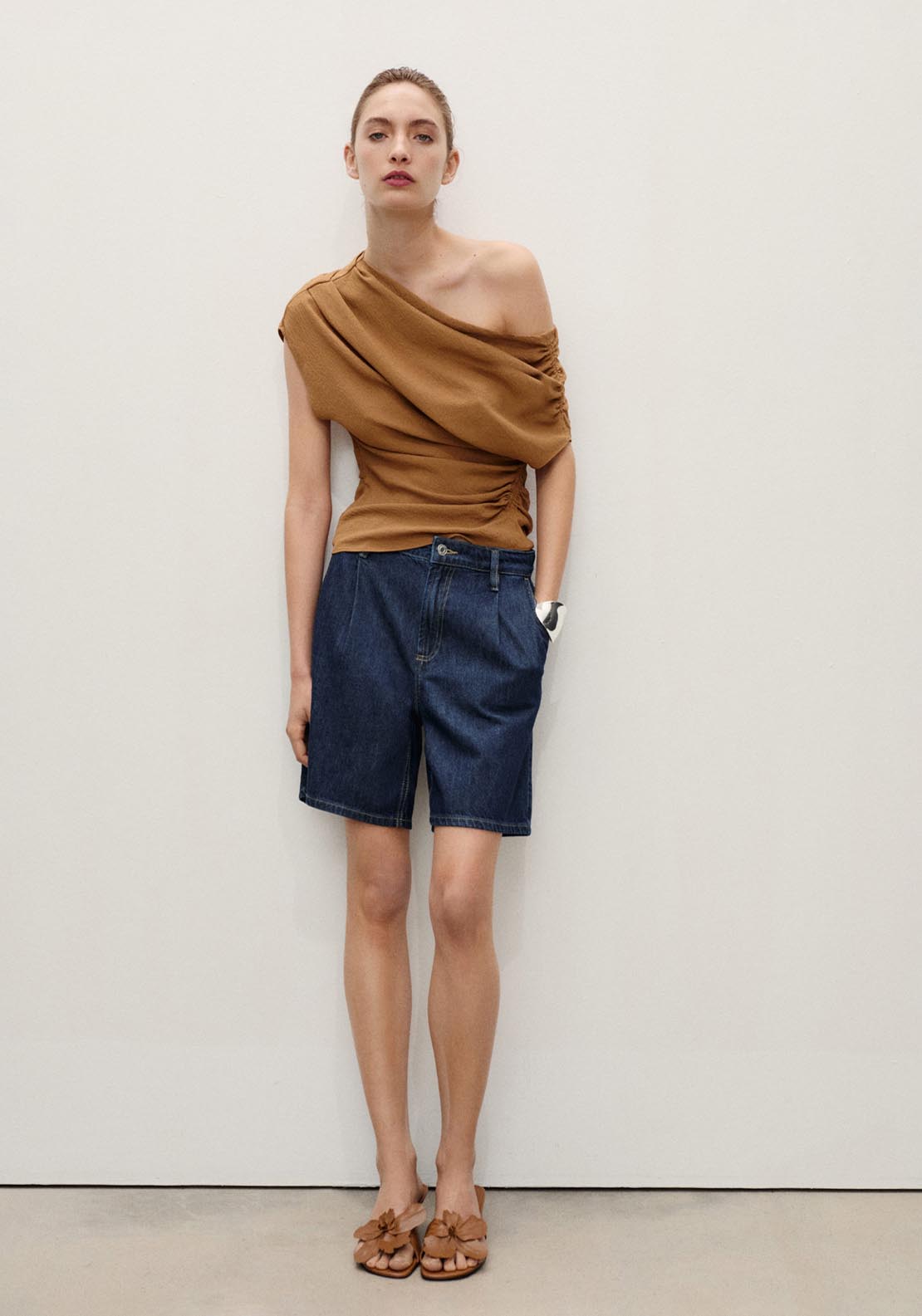 Mango Mid Rise Denim Pleated Bermuda Shorts - Open Blue 6 Shaws Department Stores