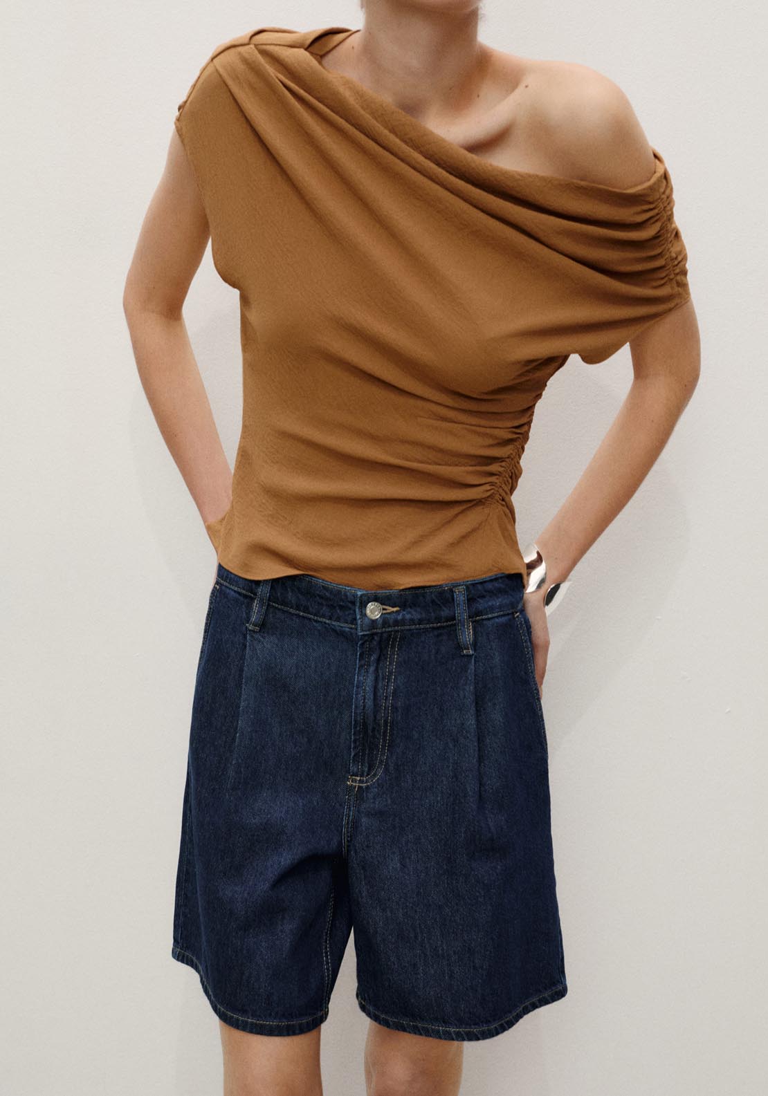Mango Mid Rise Denim Pleated Bermuda Shorts - Open Blue 1 Shaws Department Stores