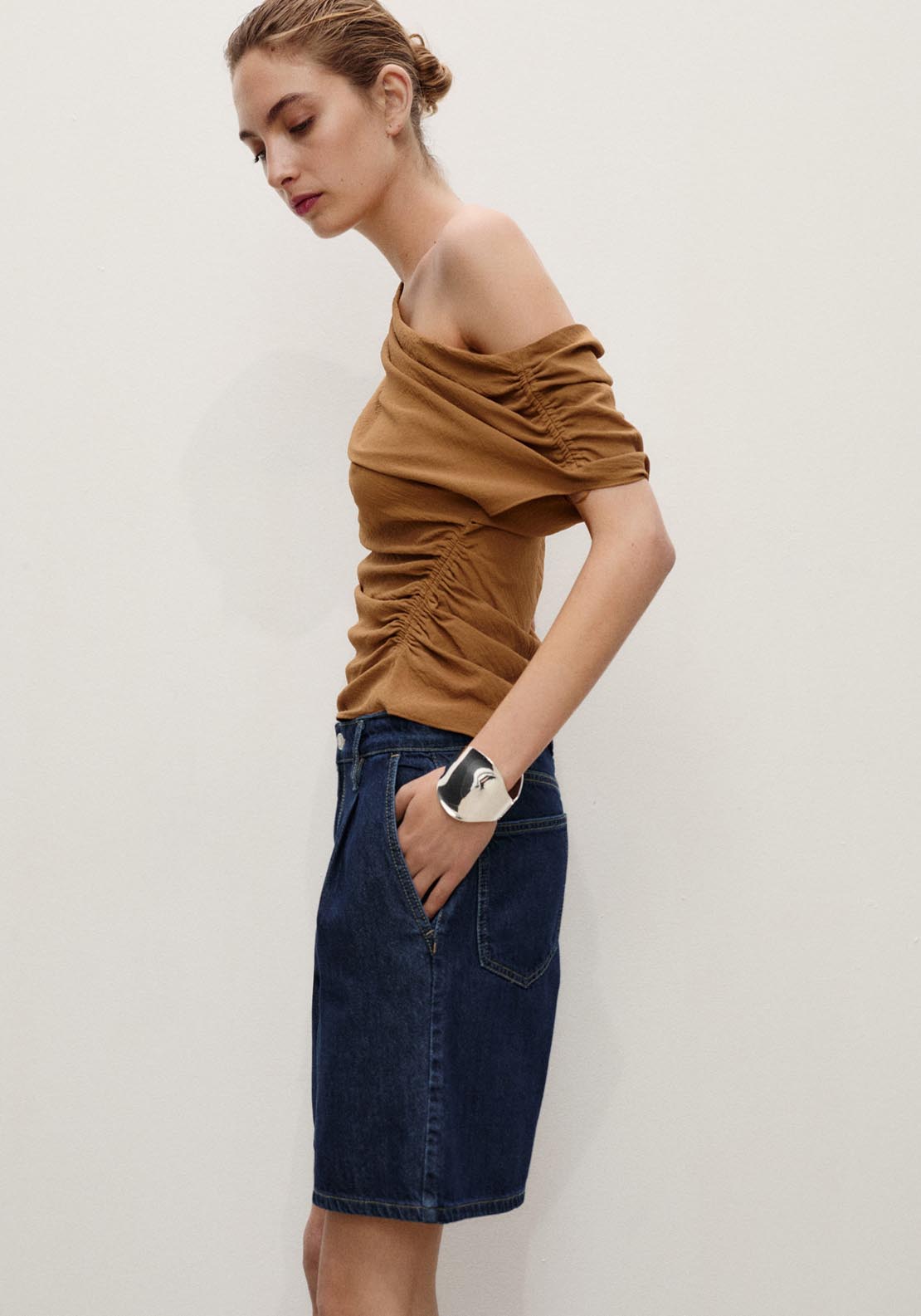 Mango Mid Rise Denim Pleated Bermuda Shorts - Open Blue 4 Shaws Department Stores
