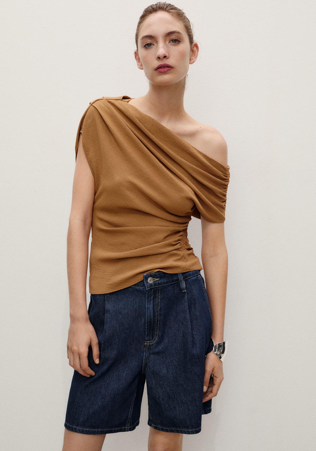 Mango Mid Rise Denim Pleated Bermuda Shorts - Open Blue 5 Shaws Department Stores