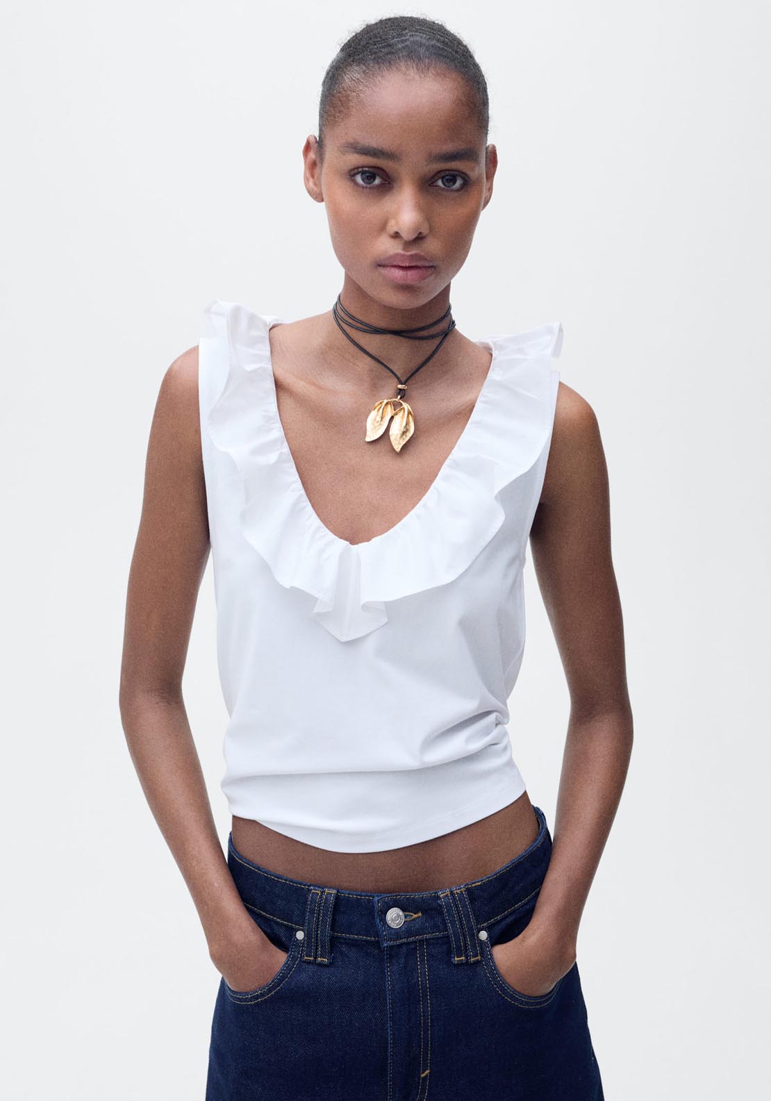 Mango V Neck Top With Ruffles - White 1 Shaws Department Stores