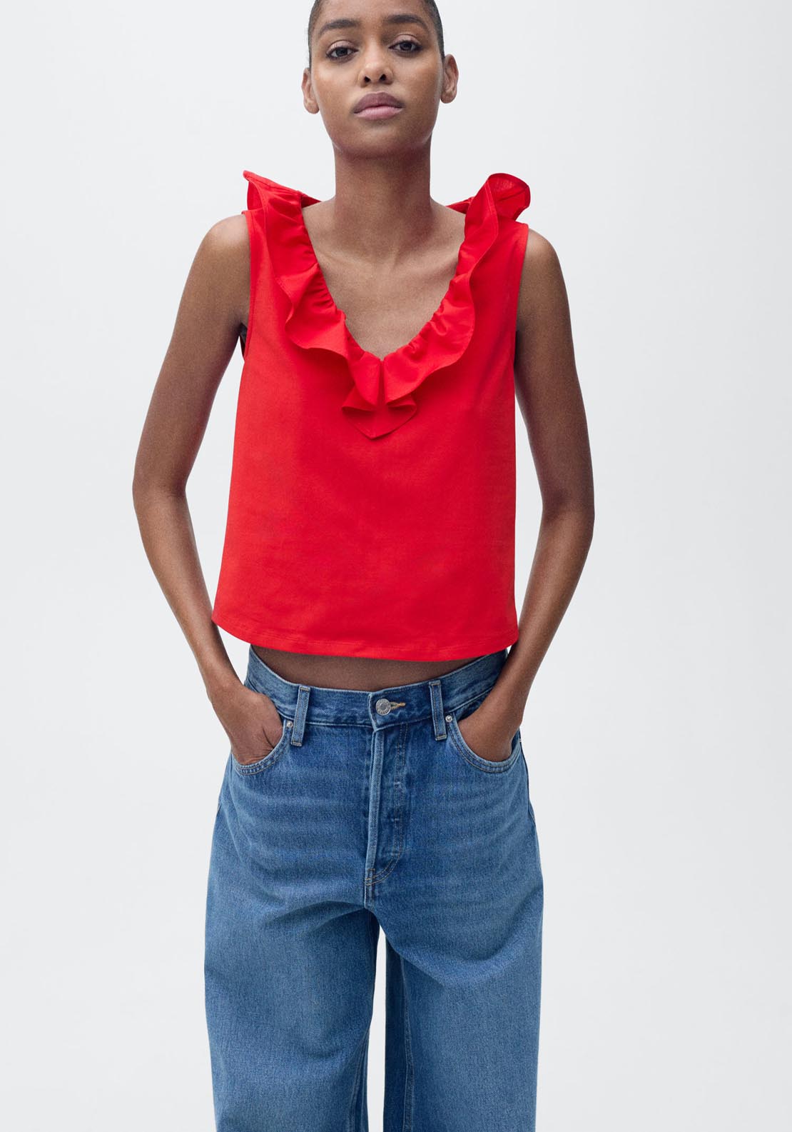 Mango V Neck Top With Ruffles - Red 1 Shaws Department Stores