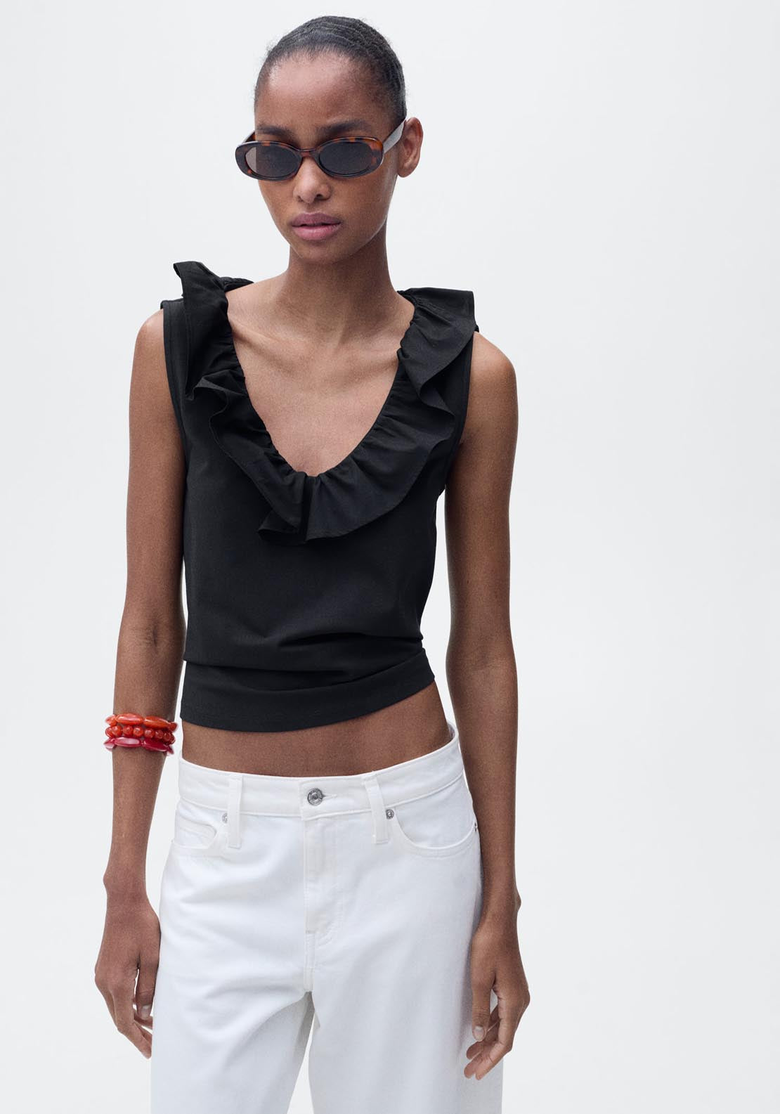 Mango V Neck Top With Ruffles - Black 1 Shaws Department Stores