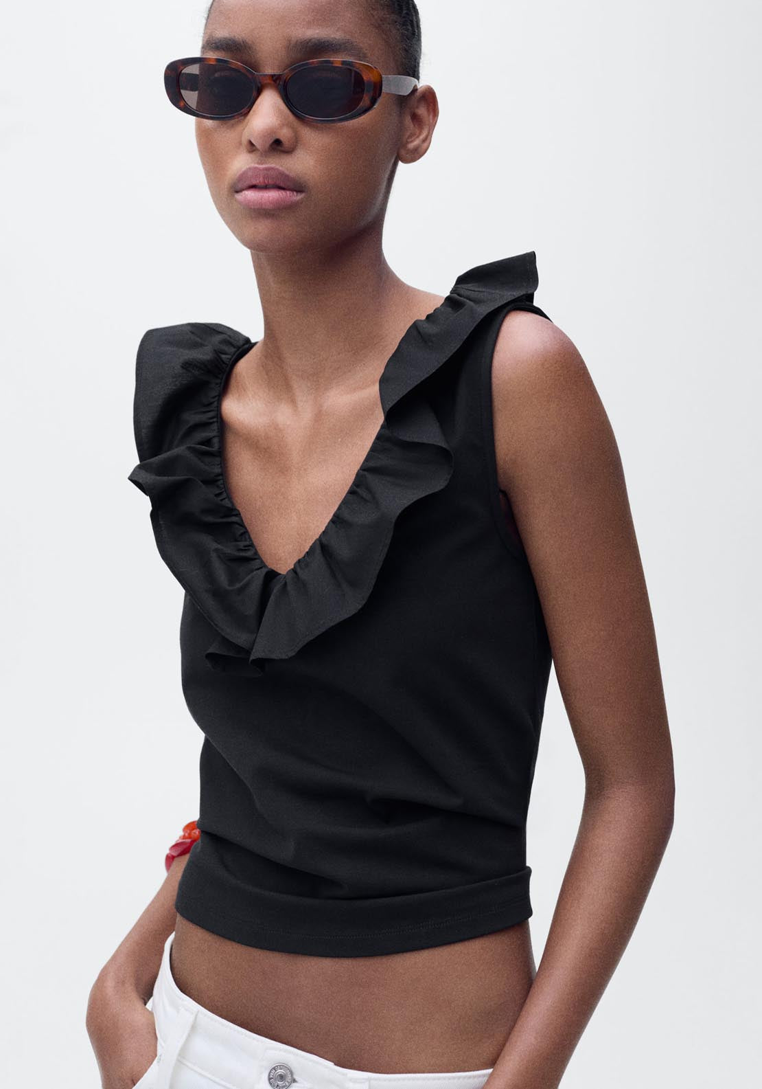 Mango V Neck Top With Ruffles - Black 4 Shaws Department Stores