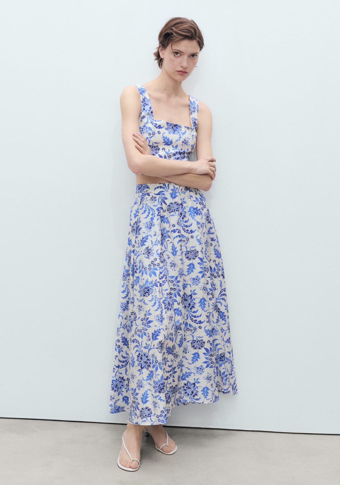 Mango Long Floral Flared Skirt - Beige 3 Shaws Department Stores