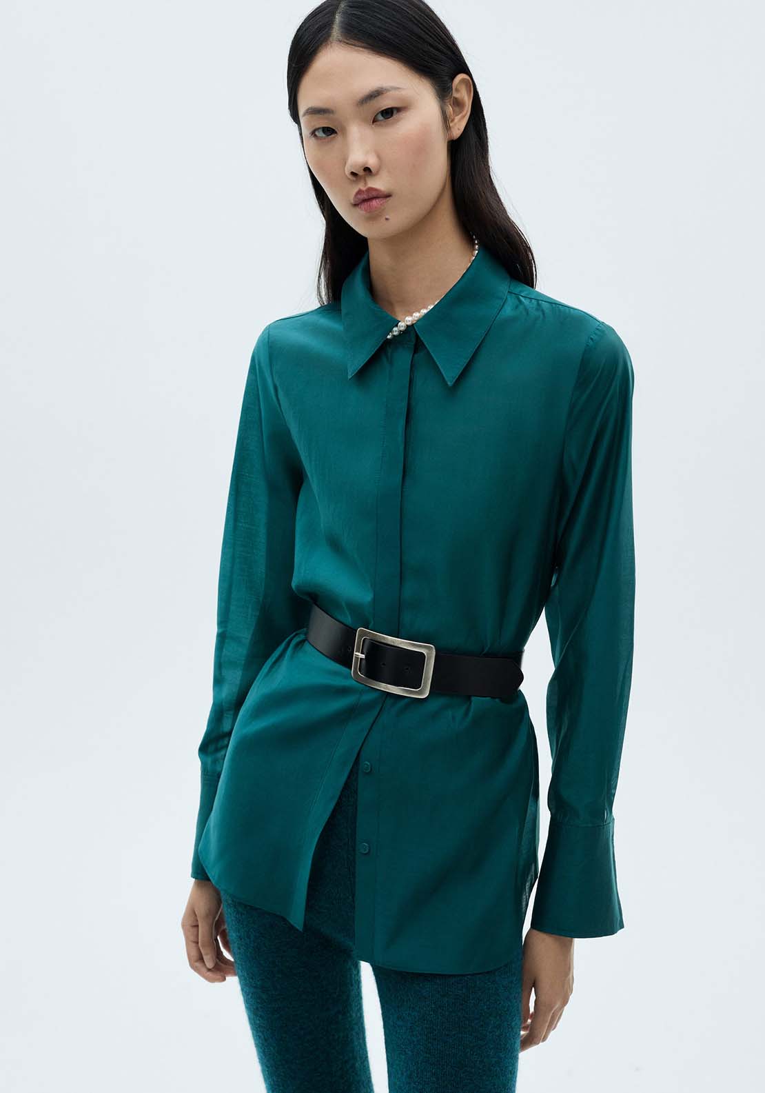 Mango Satin shirt with hidden buttons - Medium Brown 1 Shaws Department Stores