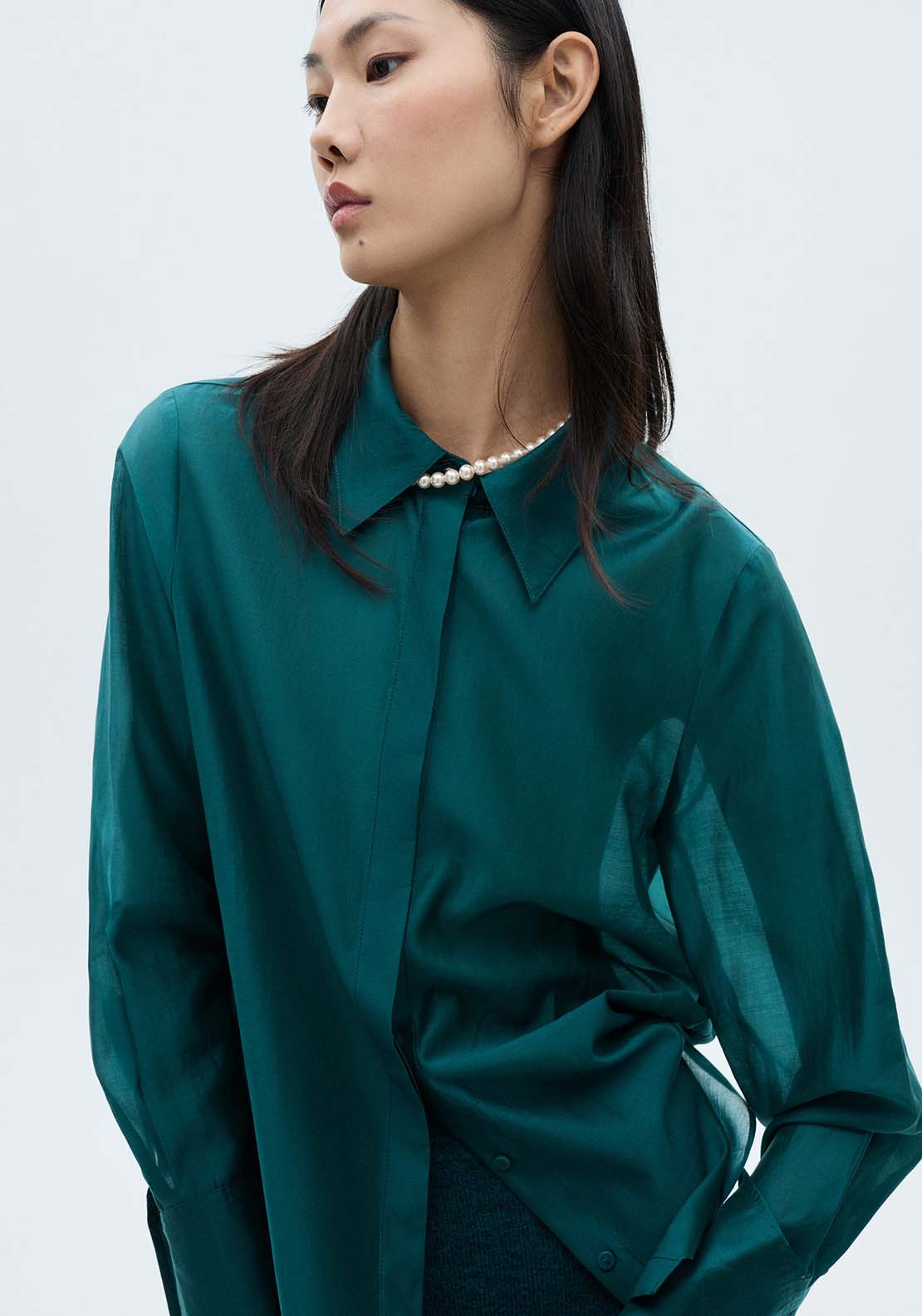 Mango Satin shirt with hidden buttons - Medium Brown 2 Shaws Department Stores