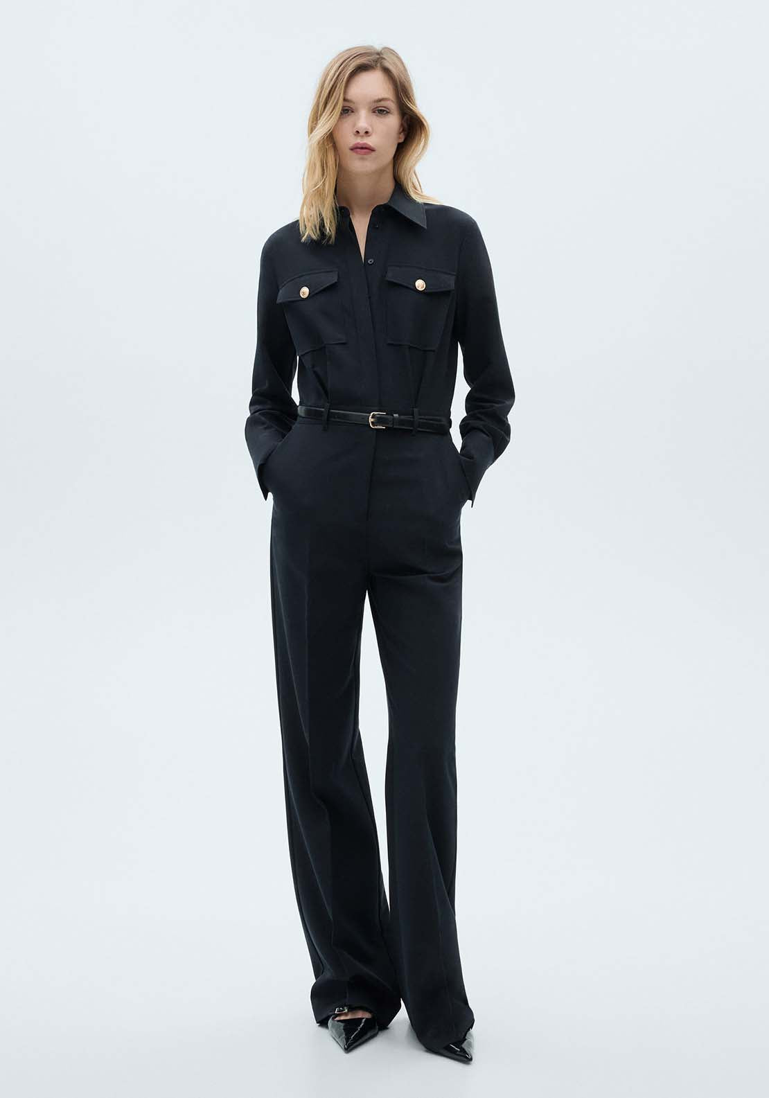 Mango Straight jumpsuit with belt - Navy 1 Shaws Department Stores