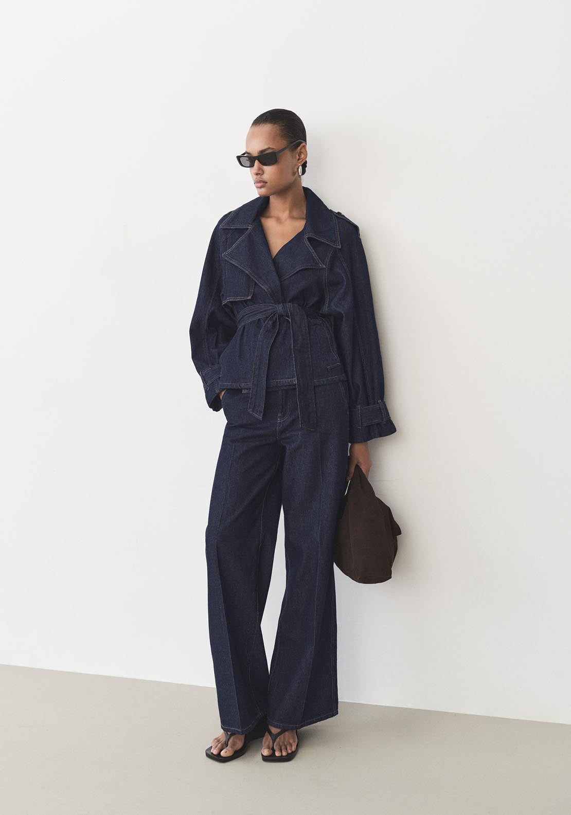 Mango Short denim trench with belt - Open Blue 2 Shaws Department Stores