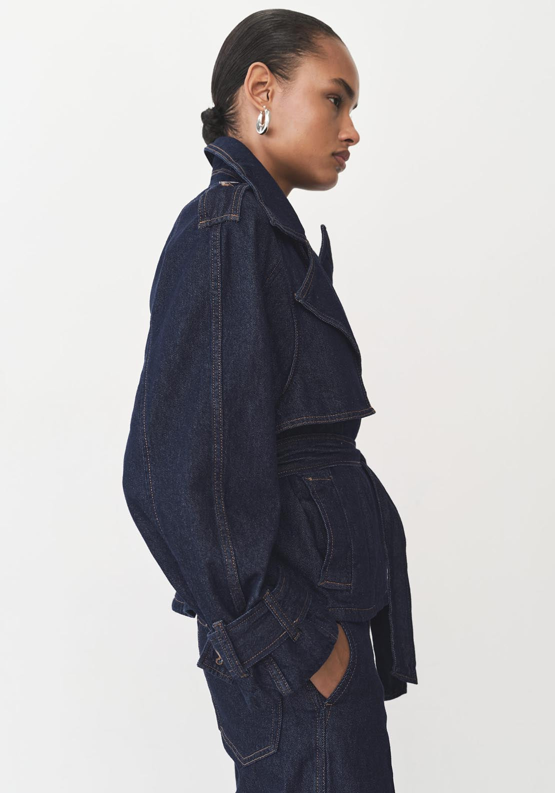 Mango Short denim trench with belt - Open Blue 1 Shaws Department Stores