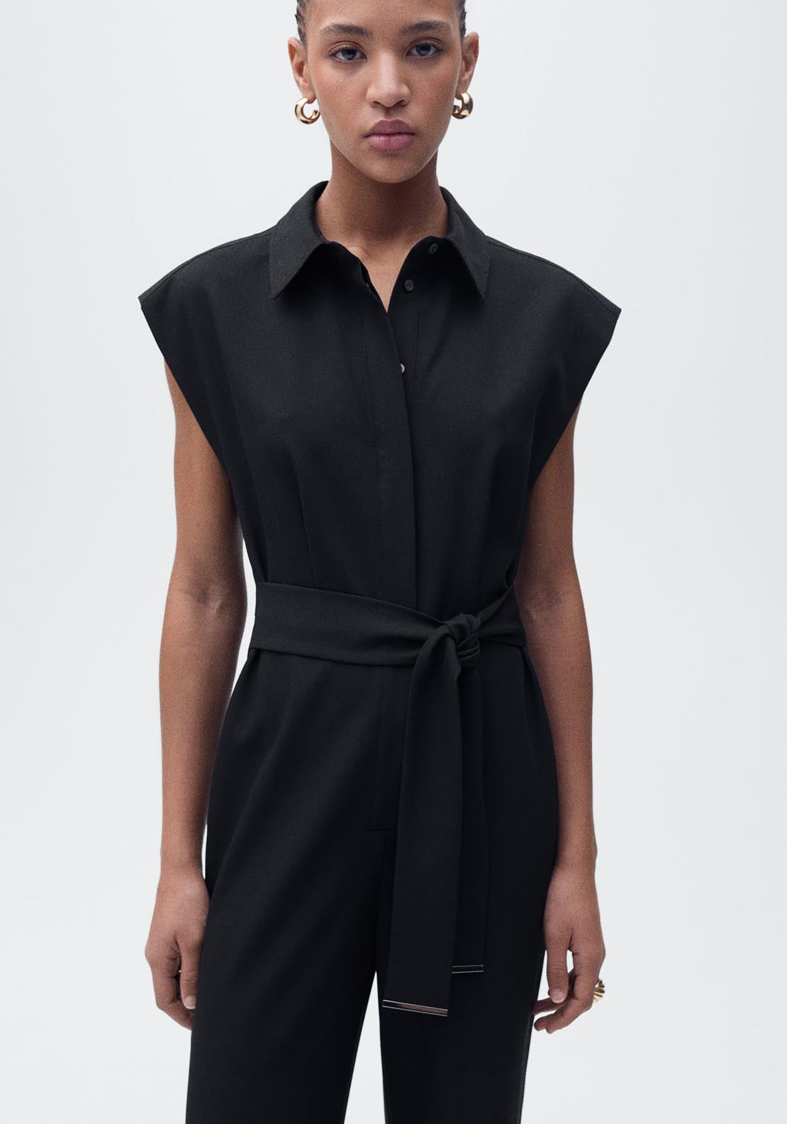 Mango Straight-fit jumpsuit with belt - Black 1 Shaws Department Stores