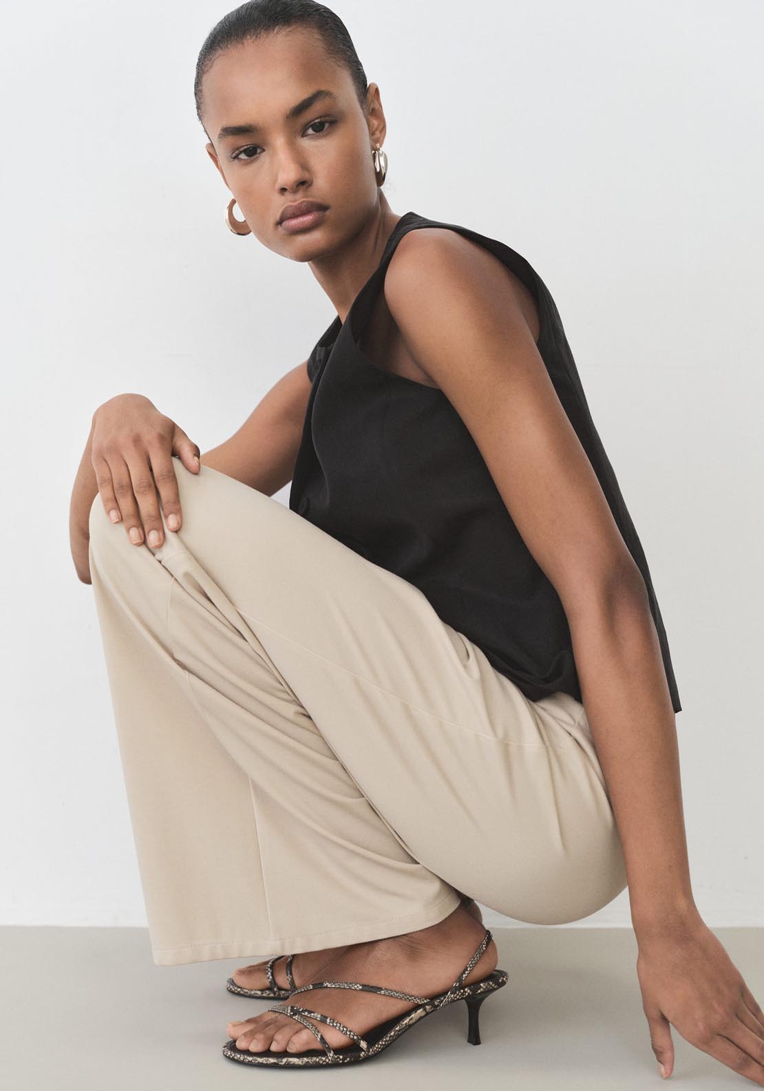 Mango Wide Leg Trousers With Elastic Waist - Light/pastel Brown 4 Shaws Department Stores