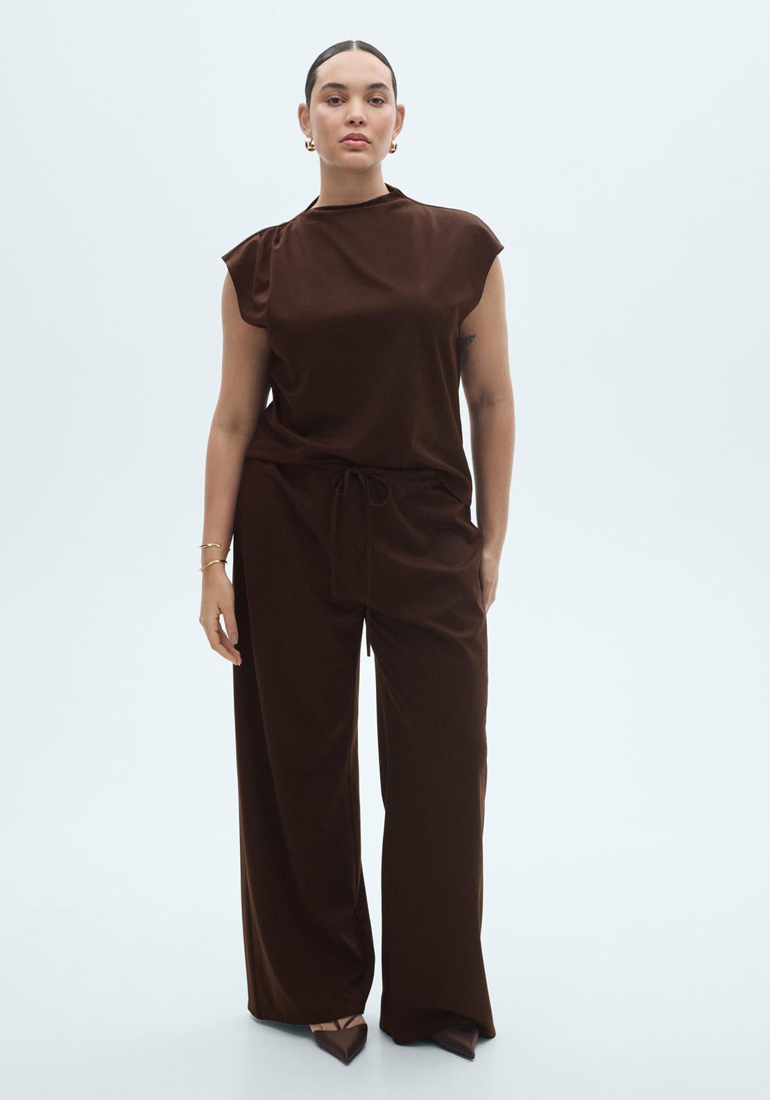 Mango Wide Leg Trousers With Elastic Waist - Dark Brown 4 Shaws Department Stores