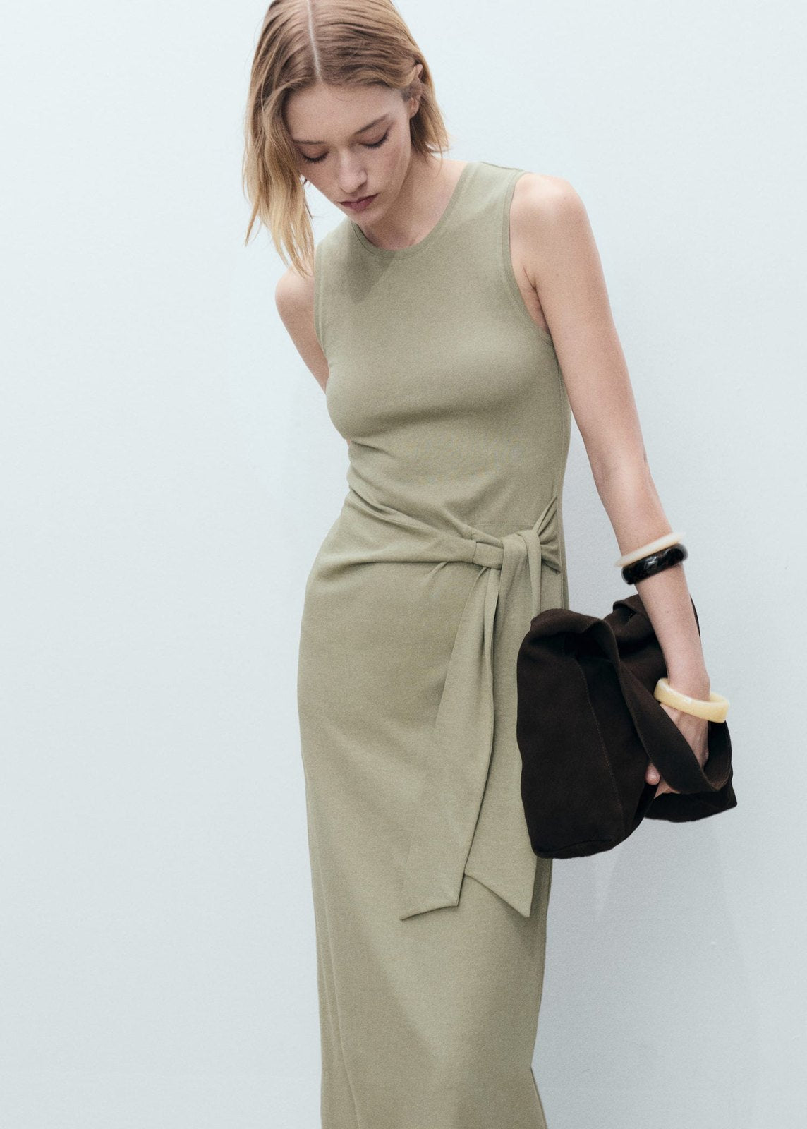 Mango Knotted cotton midi dress - Beige/khaki 1 Shaws Department Stores