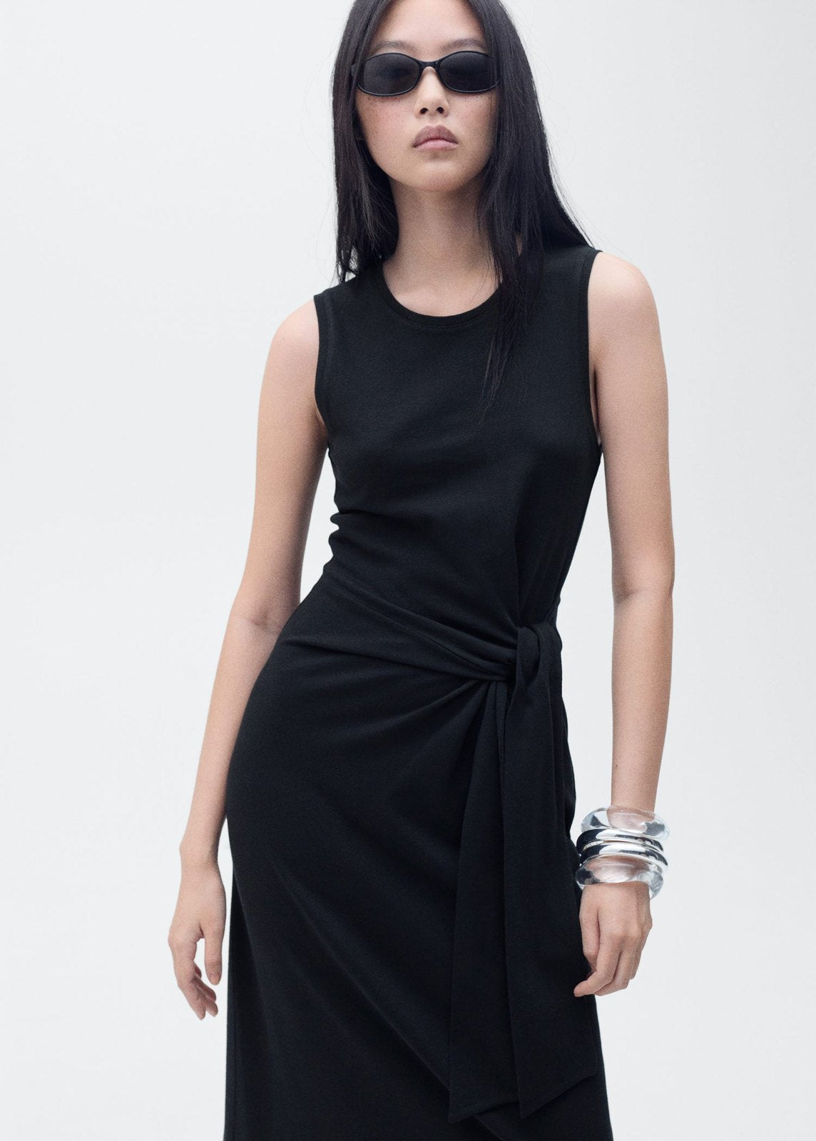 Mango Knotted cotton midi dress - Black 1 Shaws Department Stores