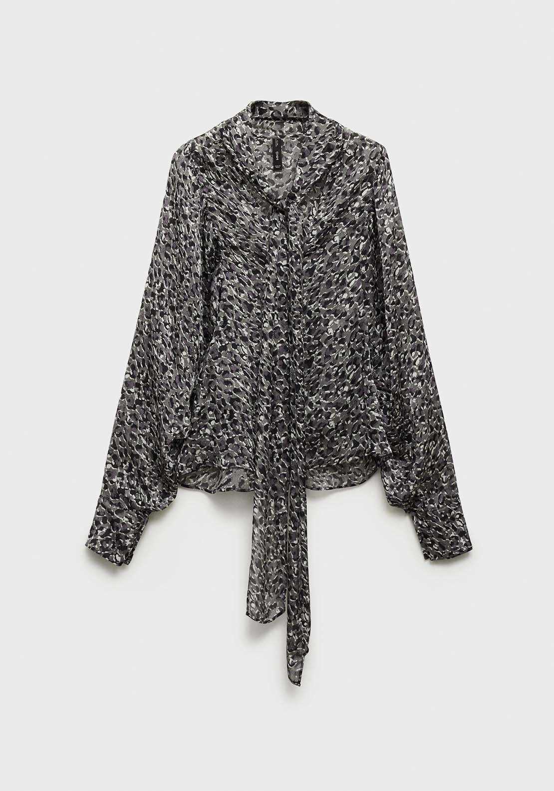 Mango Leopard-print blouse with collar and bow - Black 7 Shaws Department Stores