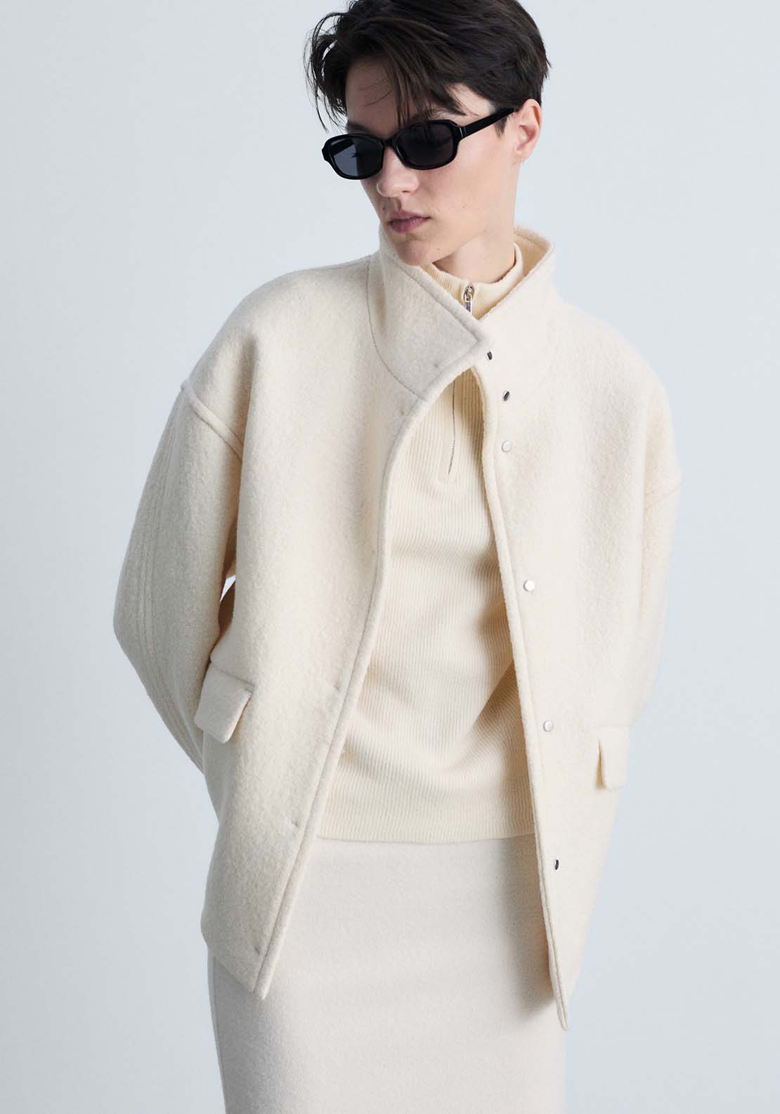 Mango Turtleneck wool jacket - Light Beige 2 Shaws Department Stores