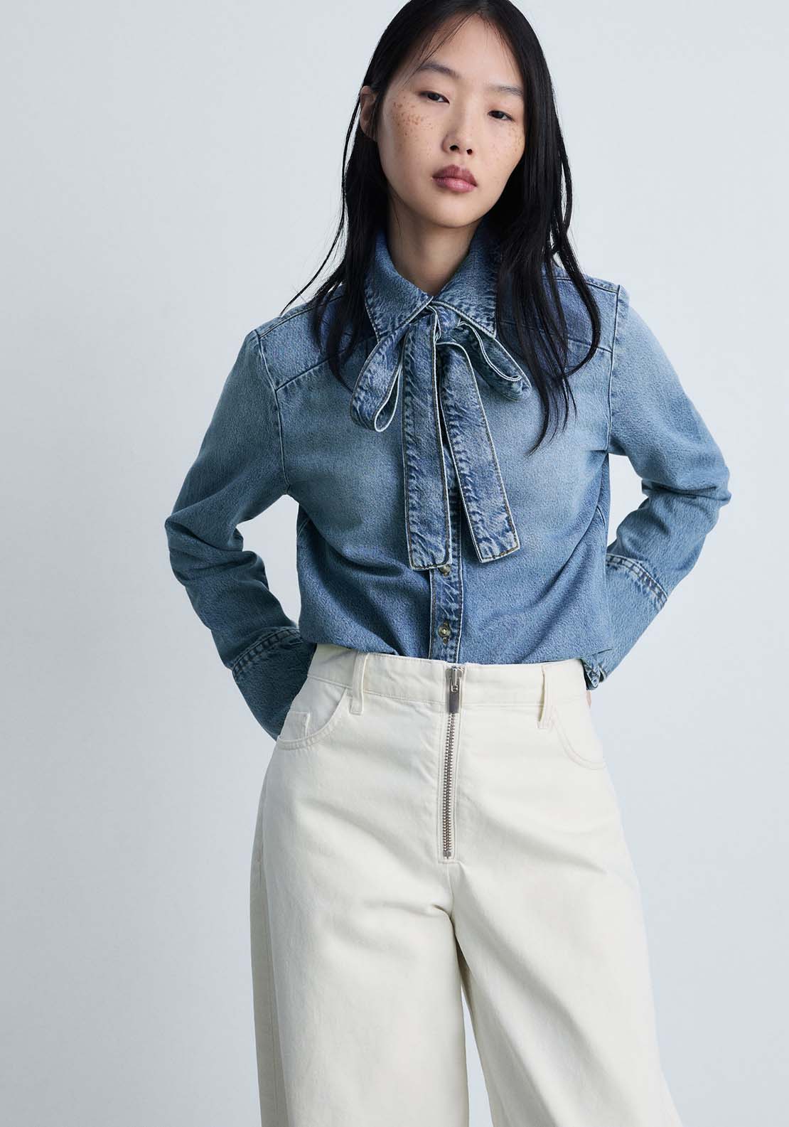Mango Denim shirt with bow - Open Blue 1 Shaws Department Stores