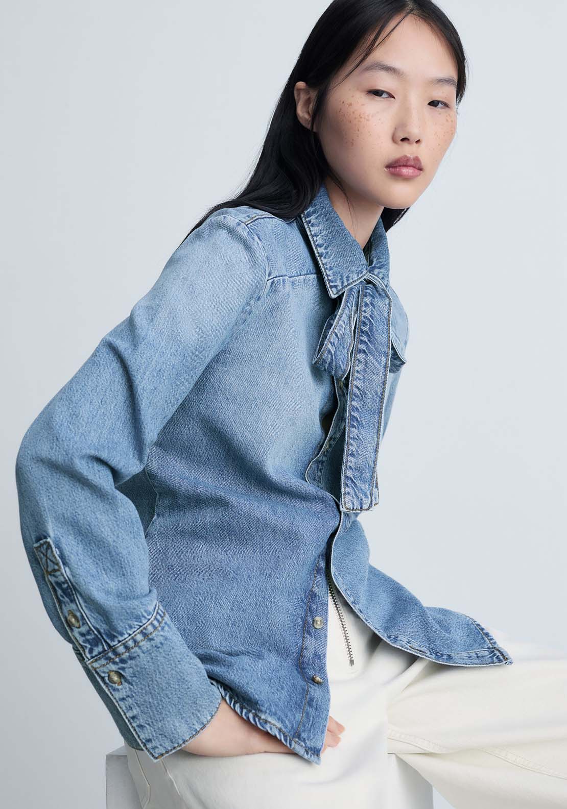 Mango Denim shirt with bow - Open Blue 2 Shaws Department Stores