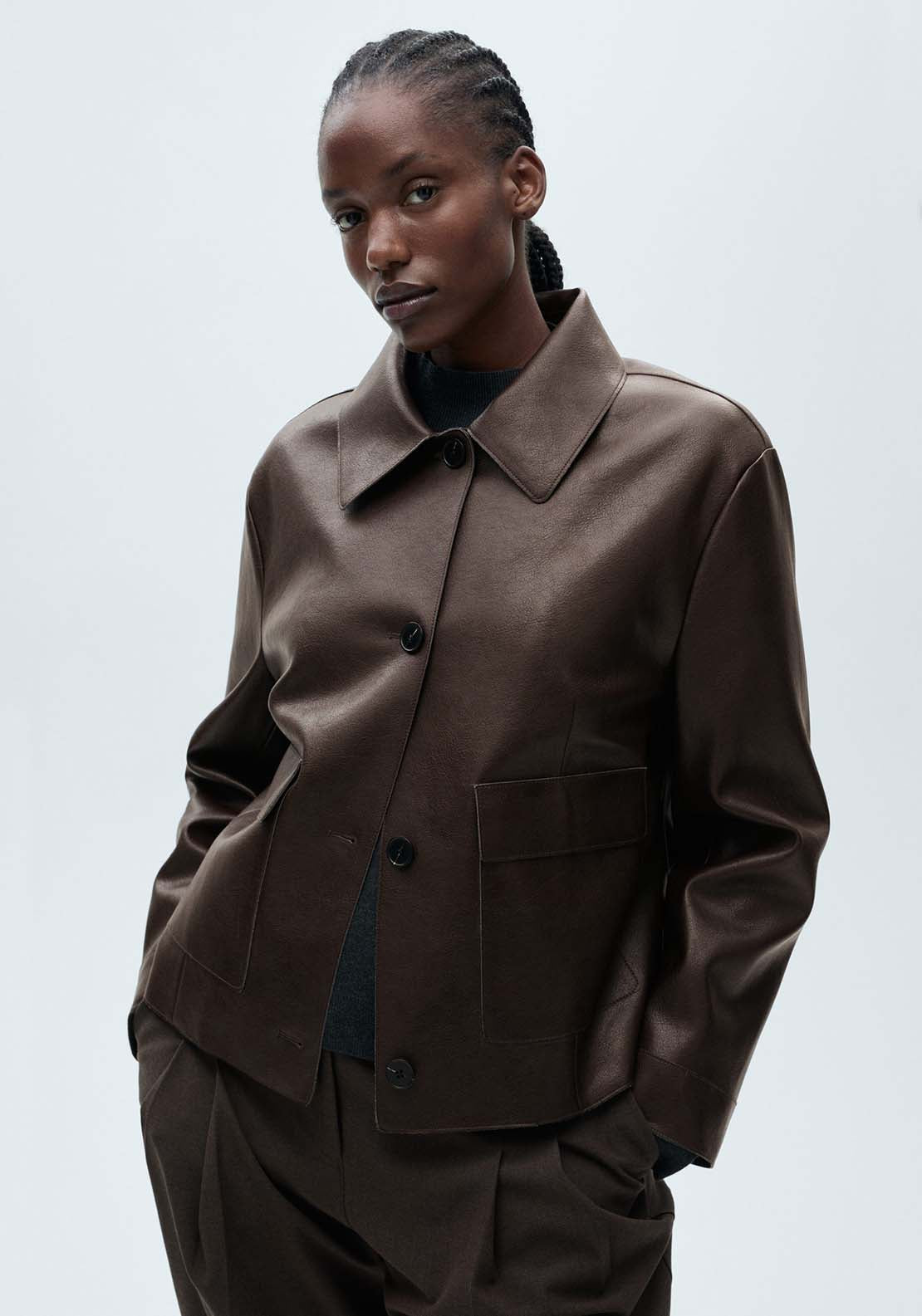 Mango Leather-effect jacket with pockets - Brown 5 Shaws Department Stores