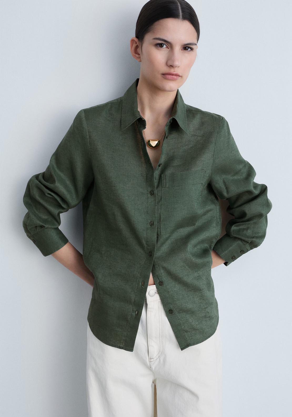 Mango Pocket Linen Shirt - Green 1 Shaws Department Stores
