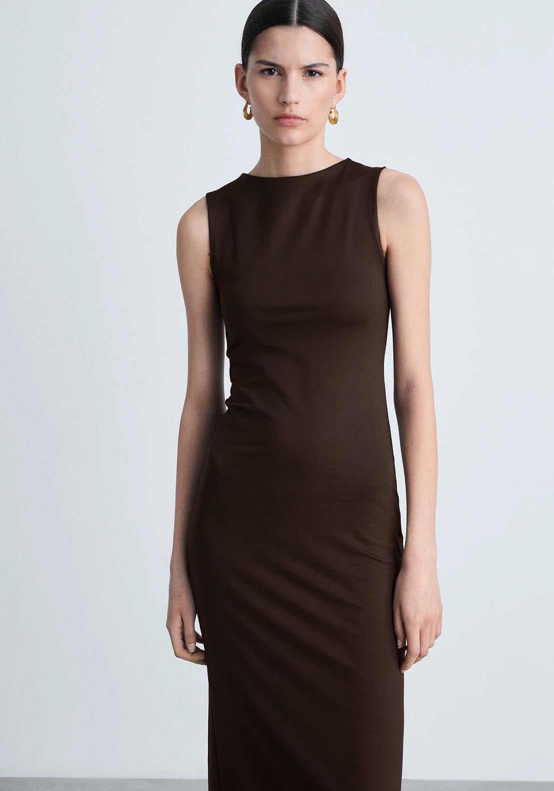 Mango Long dress with back opening - Brown 1 Shaws Department Stores