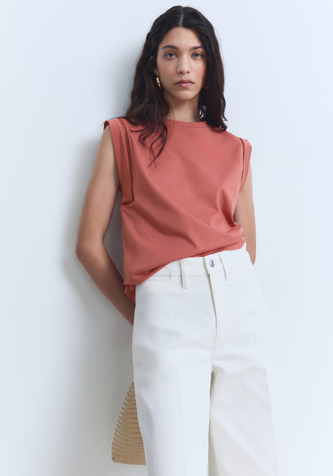 Mango Cotton T-Shirt With Openwork Trim - Medium Red 1 Shaws Department Stores