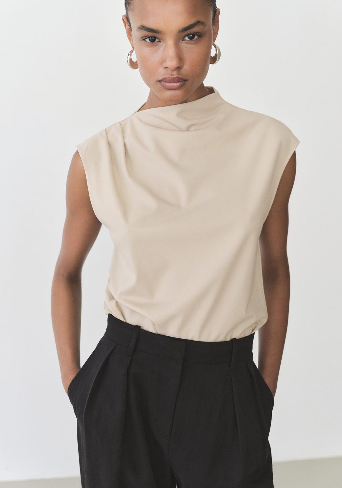Mango T-Shirt With Gathered Asymmetrical Neck - Light/pastel Brown 1 Shaws Department Stores