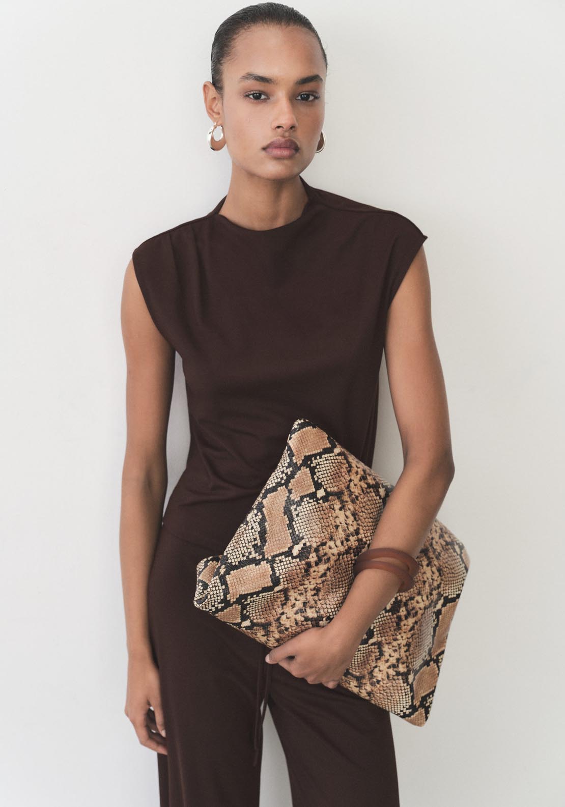 Mango T-Shirt With Gathered Asymmetrical Neck - Dark Brown 1 Shaws Department Stores
