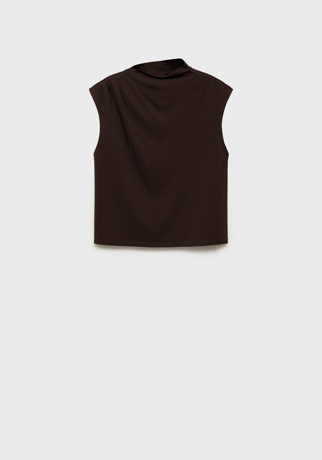 Mango T-Shirt With Gathered Asymmetrical Neck - Dark Brown 9 Shaws Department Stores