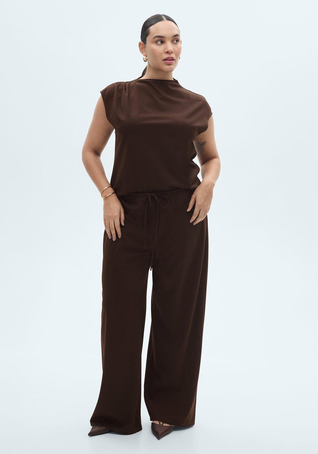 Mango T-Shirt With Gathered Asymmetrical Neck - Dark Brown 5 Shaws Department Stores