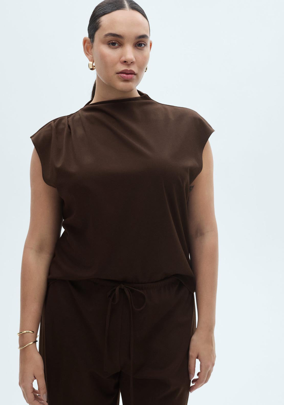 Mango T-Shirt With Gathered Asymmetrical Neck - Dark Brown 7 Shaws Department Stores