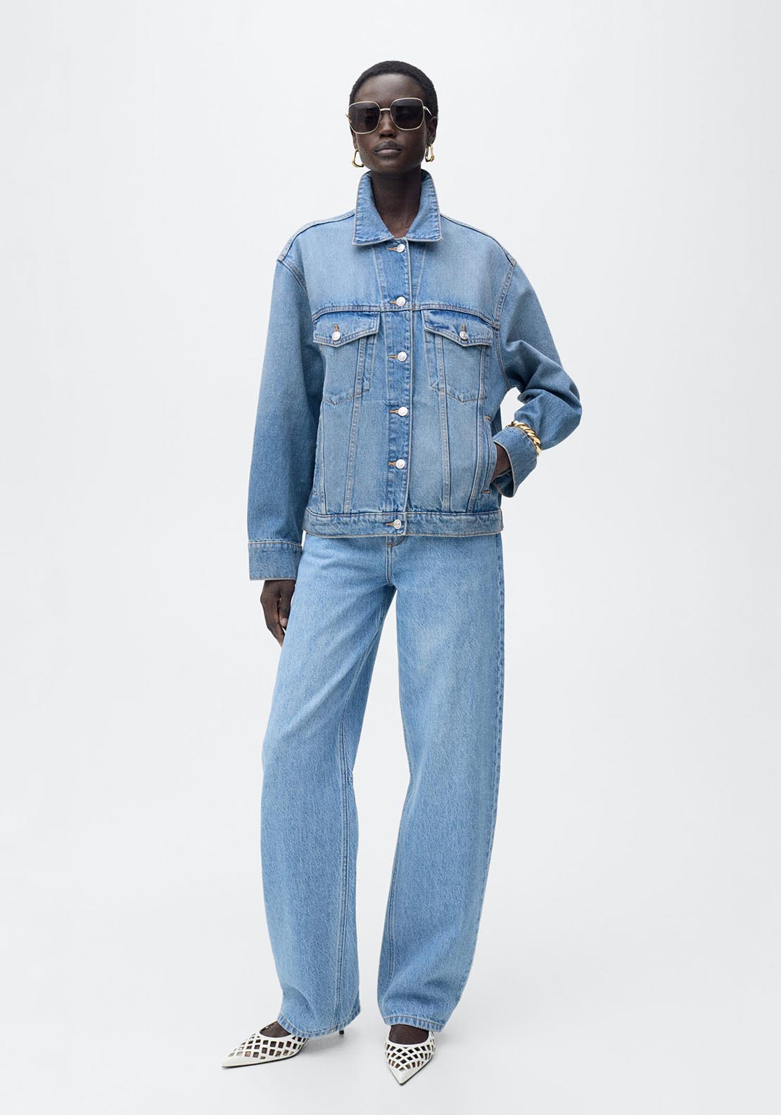 Mango Oversized denim jacket with pockets - Open Blue 1 Shaws Department Stores