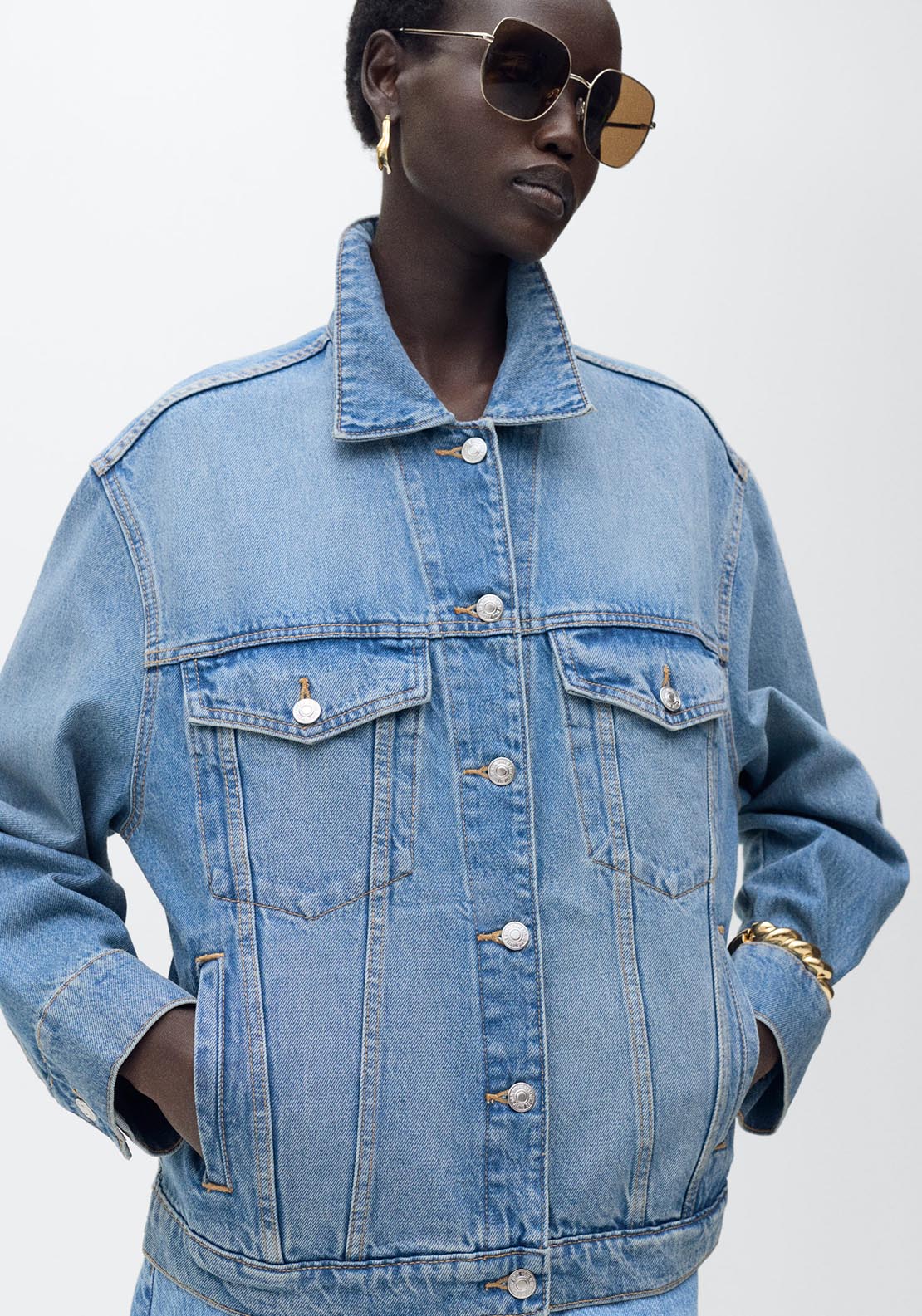 Mango Oversized denim jacket with pockets - Open Blue 2 Shaws Department Stores